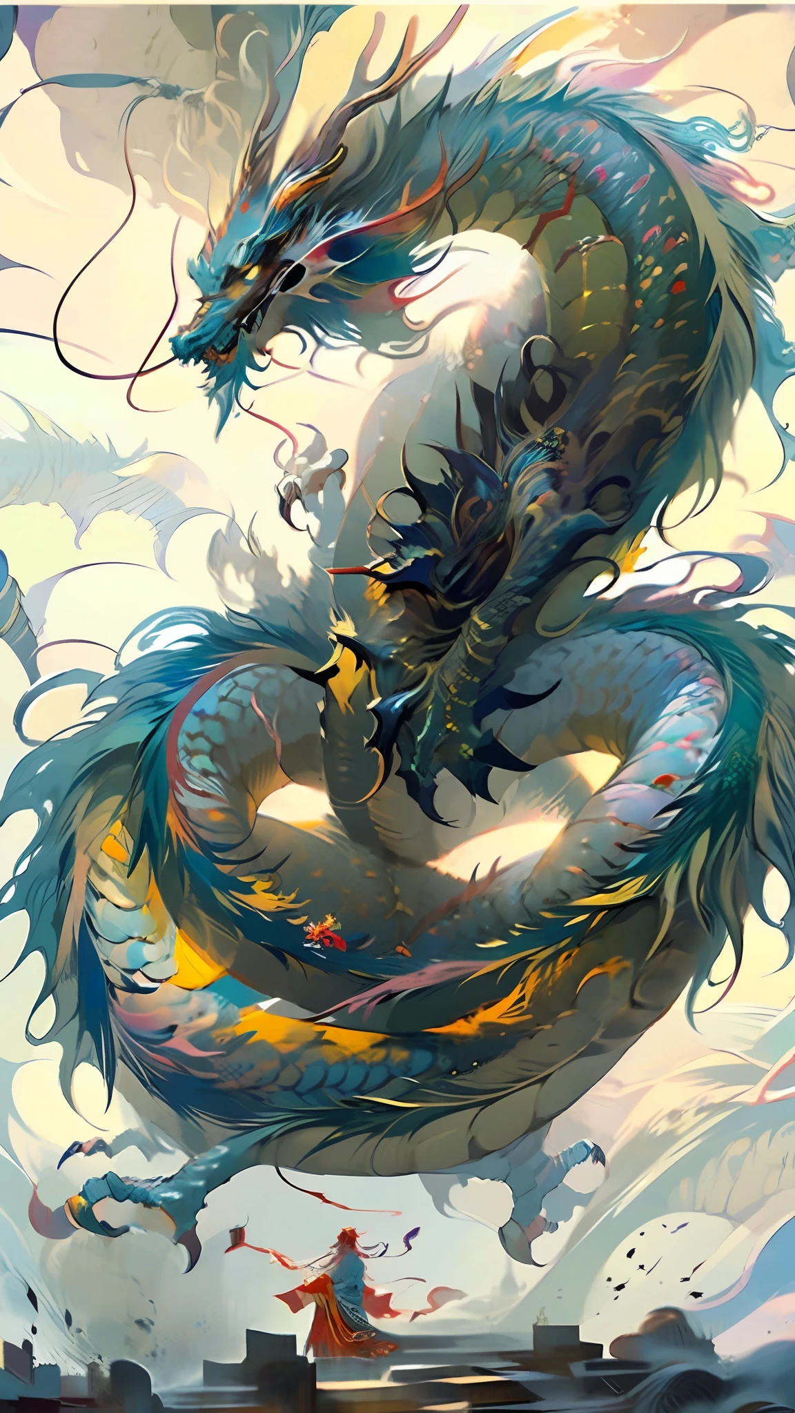 Official Art, Unified 8K Wallpapers, Ultra Detailed, Beautiful and Aesthetic, Masterpiece, Best Quality, (Zentangle, Tangle, Entangle), (fractal art: 1.4), 1girl, black hair, Chinese, bare shoulders, short skirt, calf, navel, very detailed, dynamic angle, cowboyshot, (most beautiful form chaos), flowing, (bright colors), oc, (half: 1.2), china, (thangka flying sky: 1.5), (ribbon: 1.3), (dream: 1.5), (hanfu: 1.5), Chinese dragon, Chinese phoenix, (smile: 0.5), (Chinese deity),