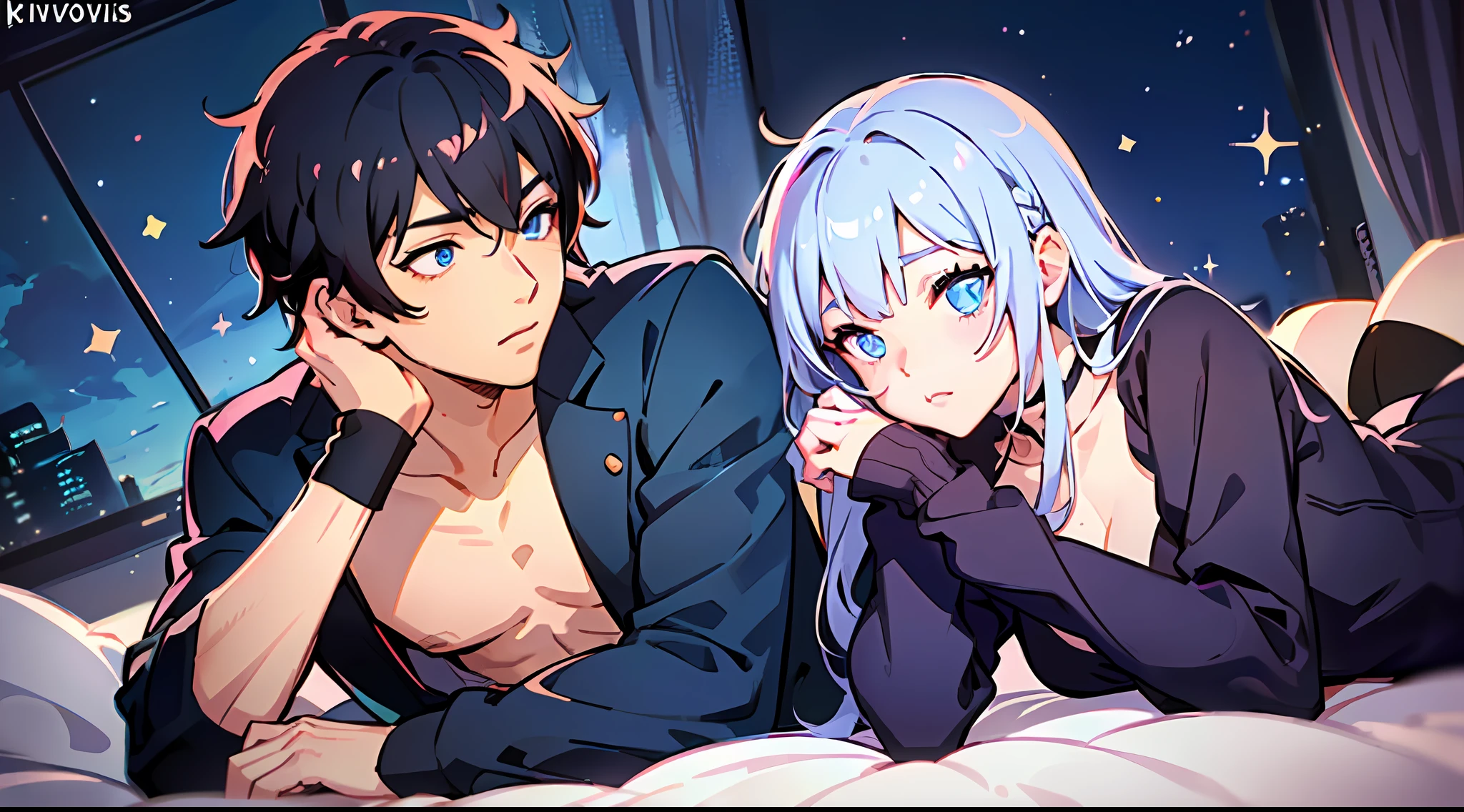 (woman with pink hair, sparkling light blue eyes)+(man with black hair and shimmering dark blue eyes)+(anime style Ilya Kuvshinov:1.2)+(couple lying in bed sleeping leaning their heads against each other)+(high quality full body image)