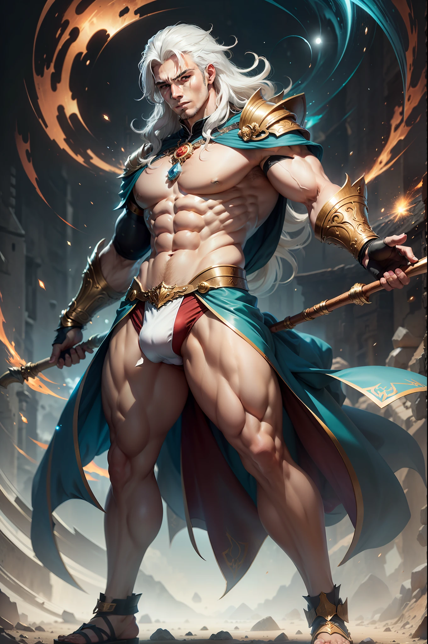 Full body image, Man sorcerer, intricate details, strong body, long messy white hair, sorcerer's outfit rich in detail, vivid colors, abstract setting, centered image, dynamic pose, realistic, anime style, 16k, underwear with bulge, muscular hero underwear, underwear with hyper bulge, realistic, golden shiny particles, sorcerer's outfit with red underwear with detailed bulge, holding extremely detailed staff, Ultra-detailed full-body image