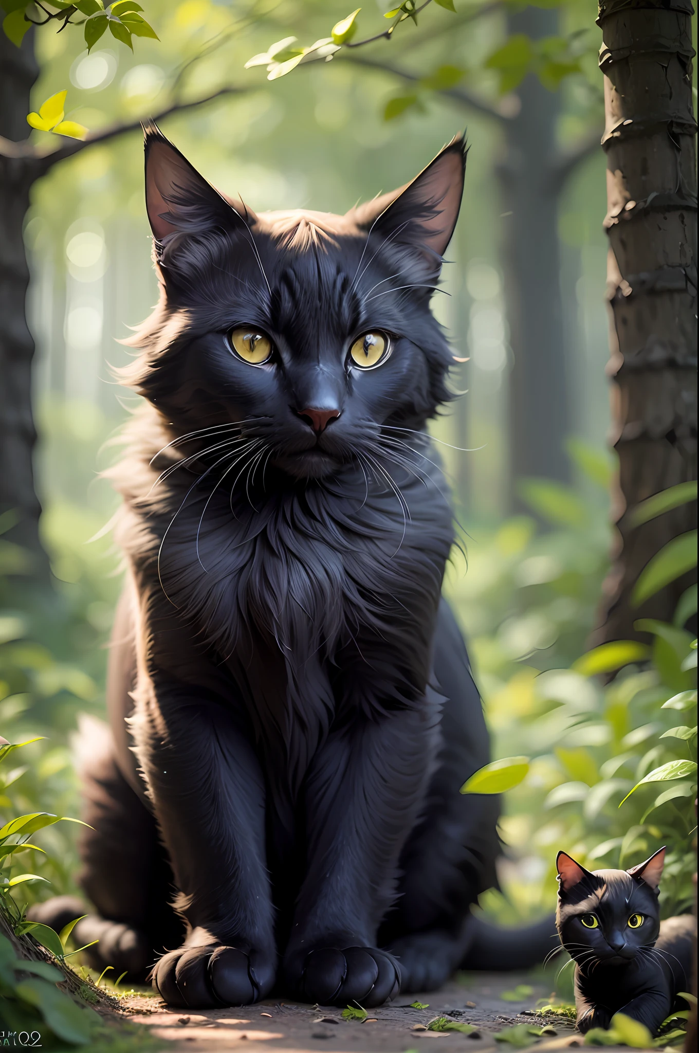 a realistic  there is a black cat that is sitting in the grass, chiaoscuro, brazilan supermodel, gaturro, claroscuro, black cat, alejandro, the dark god of cats, black cats, dark fur, black shiny eyes, cat - like scarlet eyes, large yellow eyes, night fury, emerald yellow eyes, large entirely-black eyes, wonderland, forest background, 600mm, 4k , combat pose, tilt-shift photografy, natural lighting, unreal engine --auto --s2