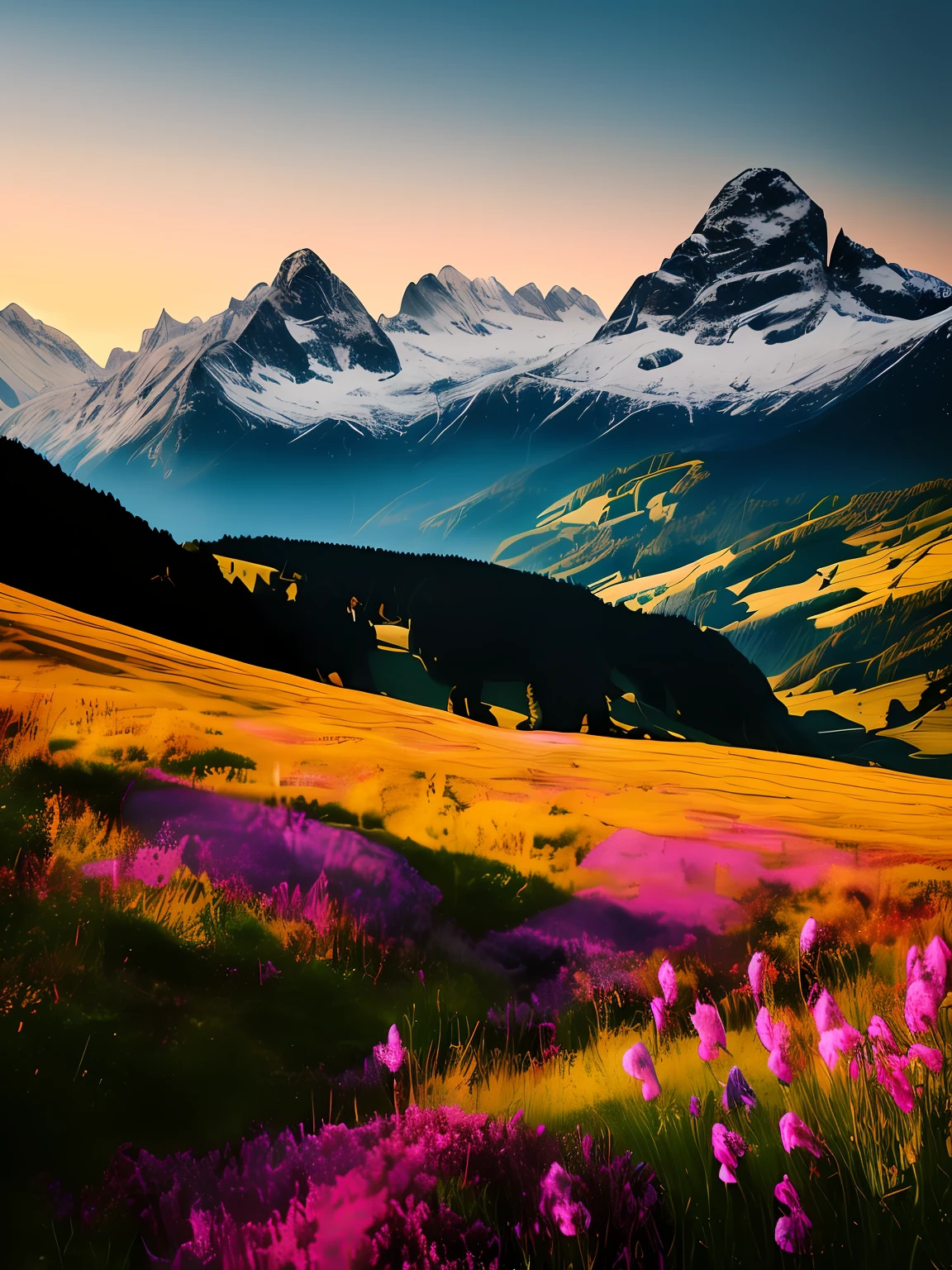 chromaV5, nvinkpunk, masterpiece, best quality, high quality, extremely detailed 8k realistic wallpaper, textured landscape, landscape photo of the Alps mountains, Austria, award-winning photography, bloom, photorealistic, extremely detailed, trend in artstation, trend in CGsociety, Intricate, high detail, dramatic, Carpathian mountains, wooden hut, bonfire