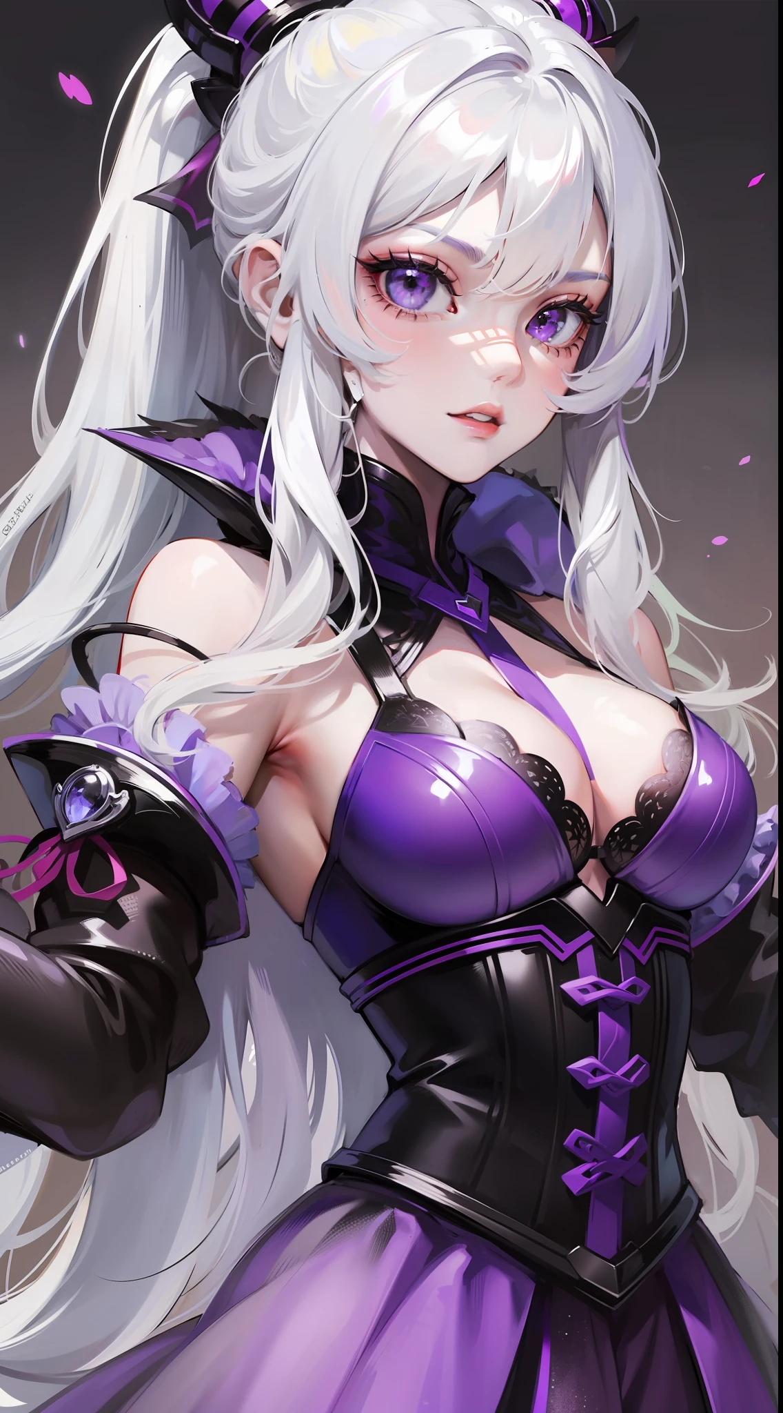 Young girl, long white hair, high ponytail, purple eyes, purple princess dress, evil look, masterpiece, high quality