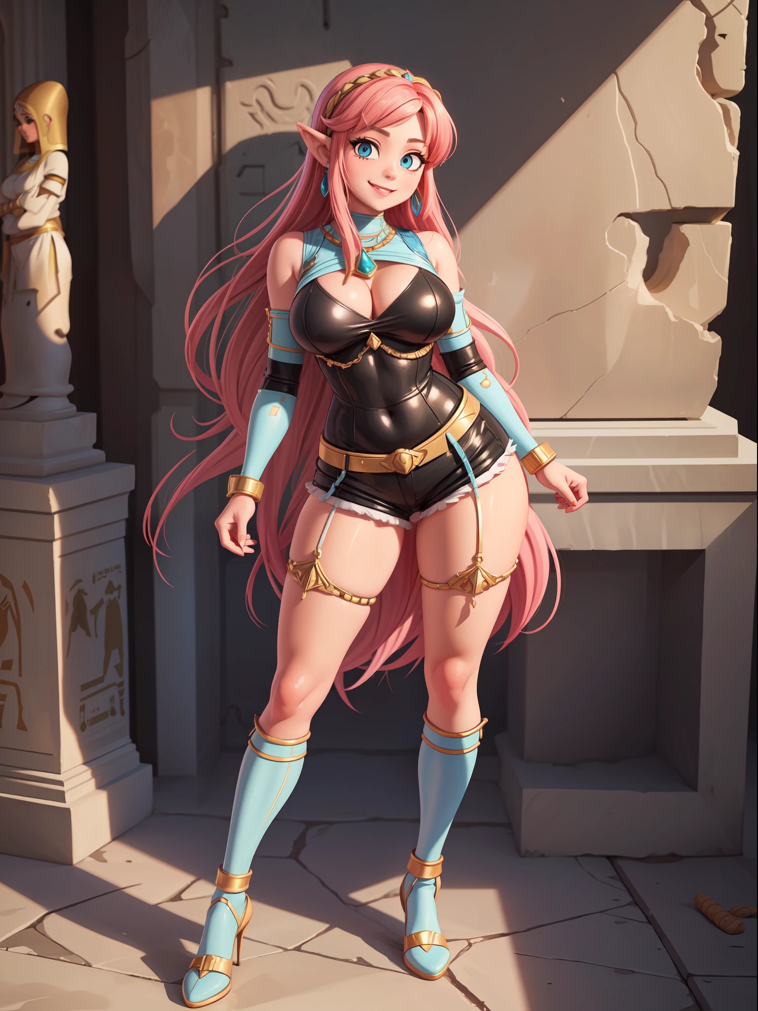 ((Full body, standing):1.5), Only Princess Zelda:wearing extremely tight-fitting black maid outfit, with short white shorts, extremely large breasts, very short pink hair, blue eyes, posing erotic, smiling and looking at the viewer, in an Egyptian tomb full of sarcophagi, with mummies inside. egyptian style. Super Metroid Style, Super Metroid, anime, anime, Hyperrealism, Hyperrealism, 16k, ((high quality, high details):1.4), UHD, masterpiece