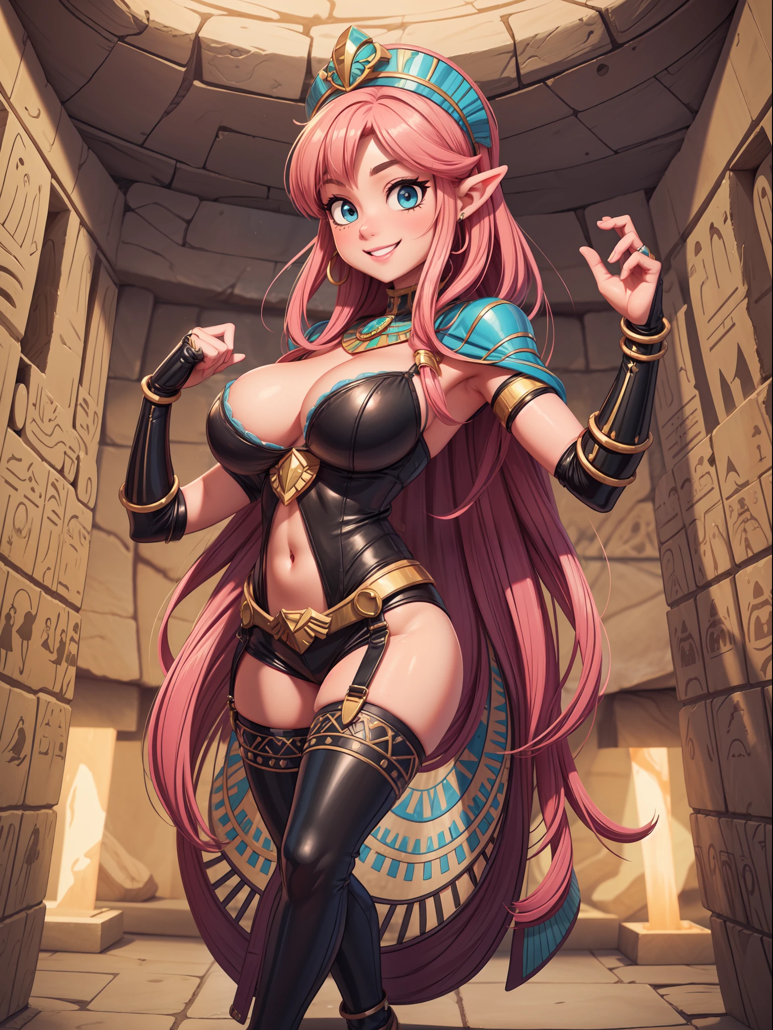 ((Full body, standing):1.5), Only Princess Zelda:wearing extremely tight-fitting black maid outfit, with short white shorts, extremely large breasts, very short pink hair, blue eyes, posing erotic, smiling and looking at the viewer, in an Egyptian tomb full of sarcophagi, with mummies inside. egyptian style. Super Metroid Style, Super Metroid, anime, anime, Hyperrealism, Hyperrealism, 16k, ((high quality, high details):1.4), UHD, masterpiece