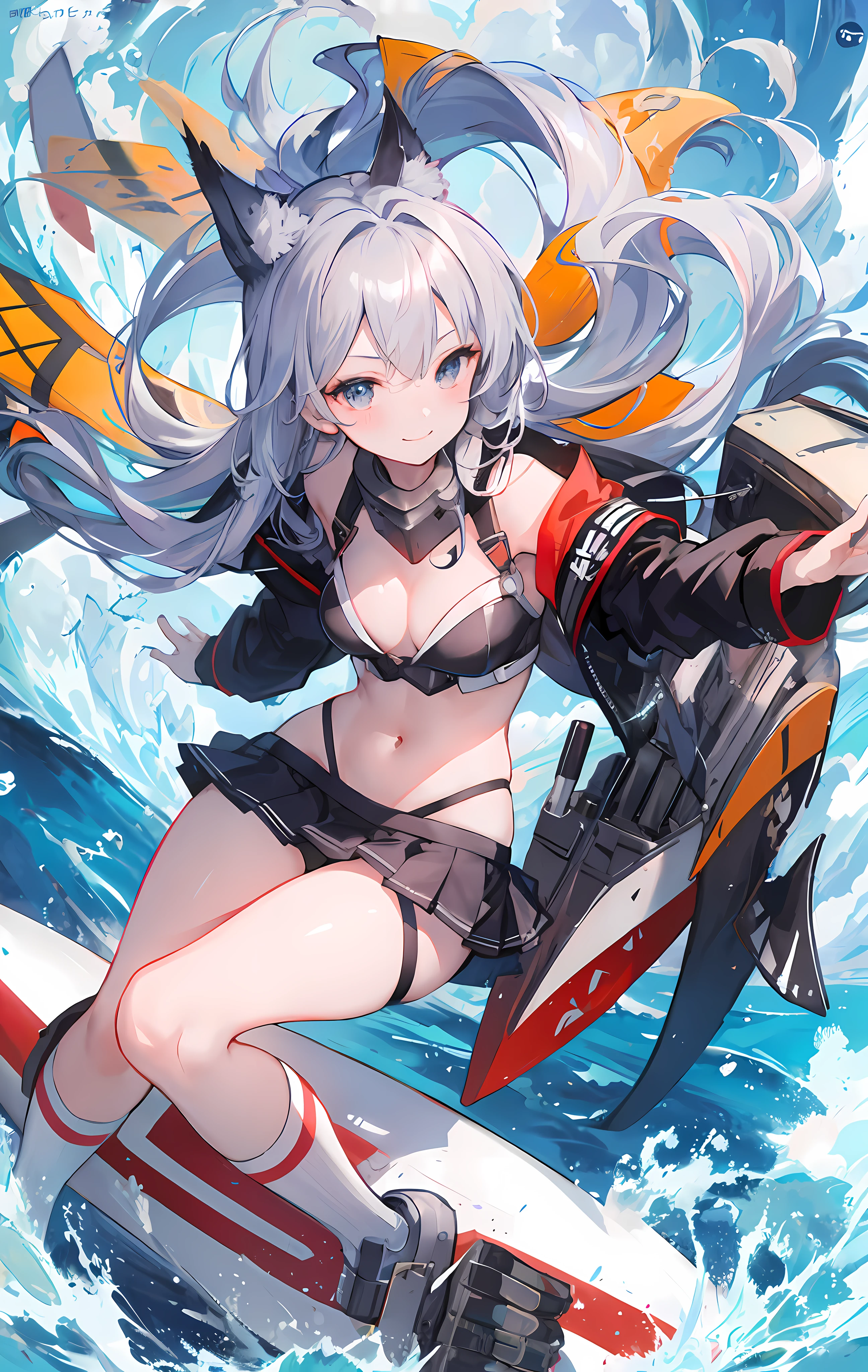 anime girl on surfboard with cat ears and a sword, kantai collection style, azur lane style, video game from azur lane, best anime 4k konachan wallpaper, kantai collection arcade, anime style 4 k, characters from azur lane, badass anime 8 k, konpeki no kantai, anime art wallpaper 4 k, strong visual impact, exquisite light and shadow, best quality, meticulous facial portrayal, smile, blush, shyness, Cute anime style, pixiv