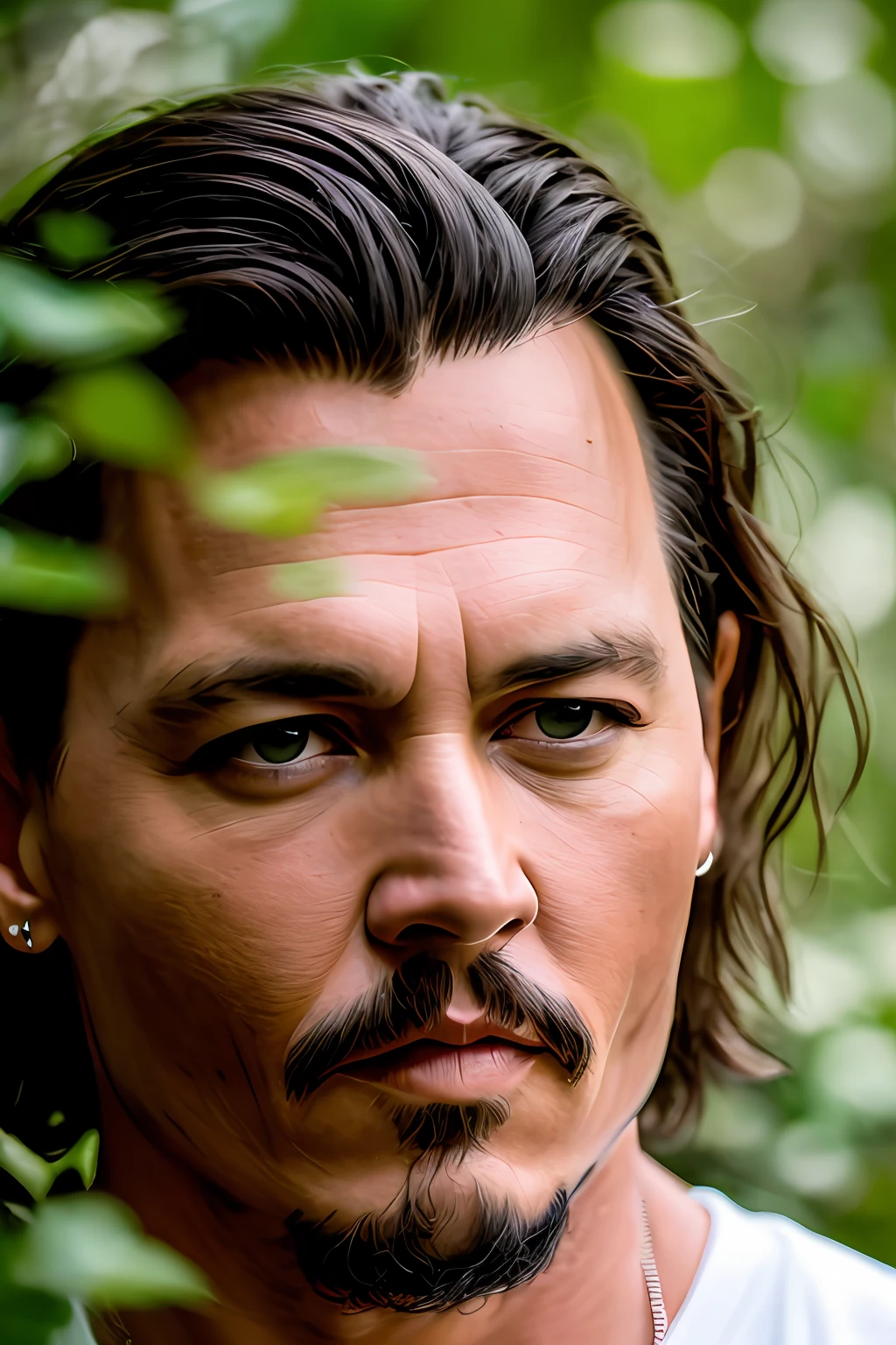 masterpiece, johnny depp walking through jungle at night among fireflies, (high detail:1 1), rough face, natural skin, high quality, nsfw, beautiful eyes, (detailed face and eyes), (face: 1 2), noise, extra, real photo, PSD, lamp film photography, sharp focus, contrast lighting, detailed skin, high resolution 8k, crazy detail, realistic, professional photography, 8k UHD, SLR camera, soft lighting, high quality, film grain, Fujifilm XT3