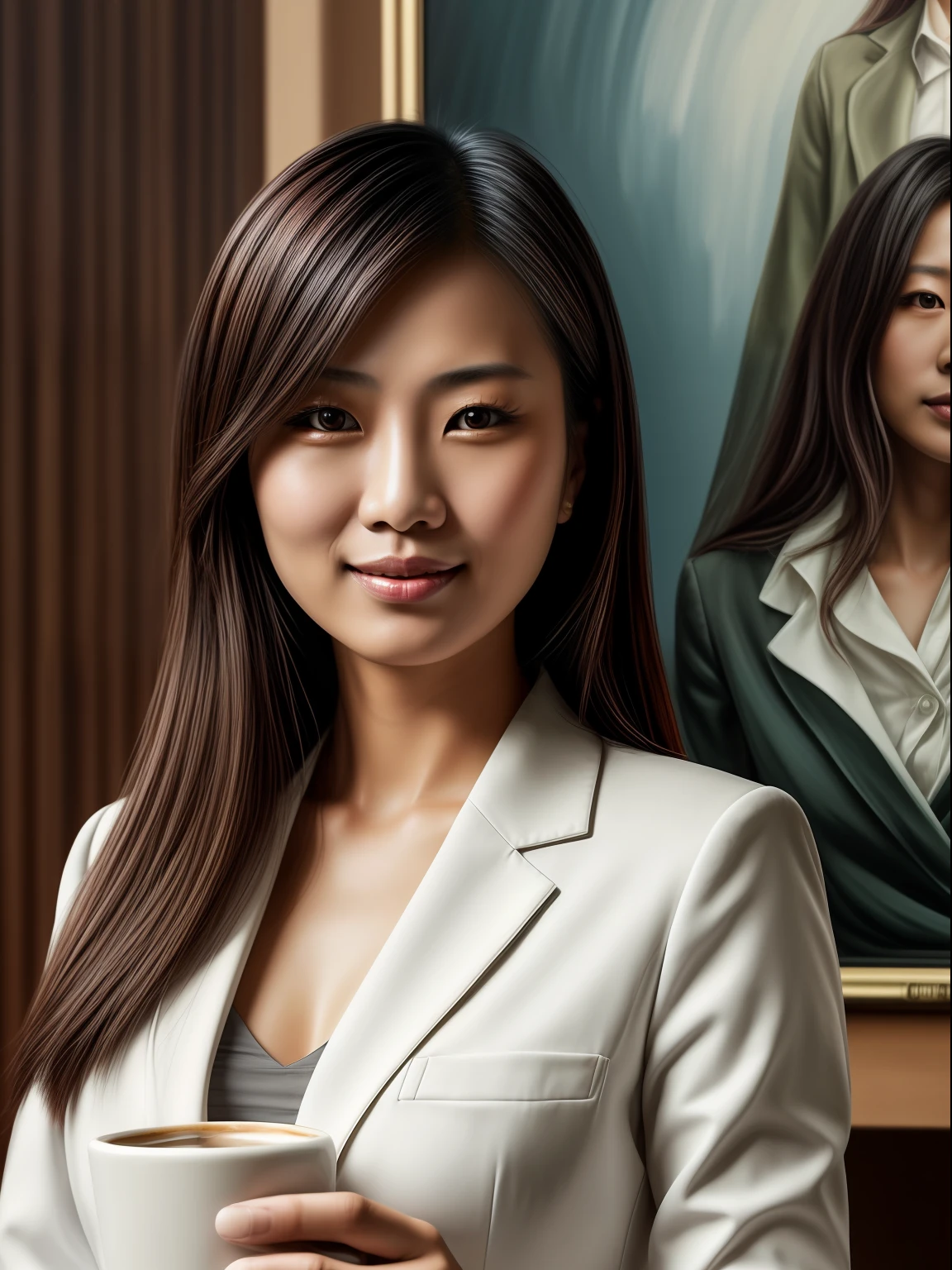 Realistic photo, an Asian woman, office worker in white suit, holding a cup of coffee, in company, best picture quality, masterpiece, super high resolution: 1.2, presented in the way of realistic painting art