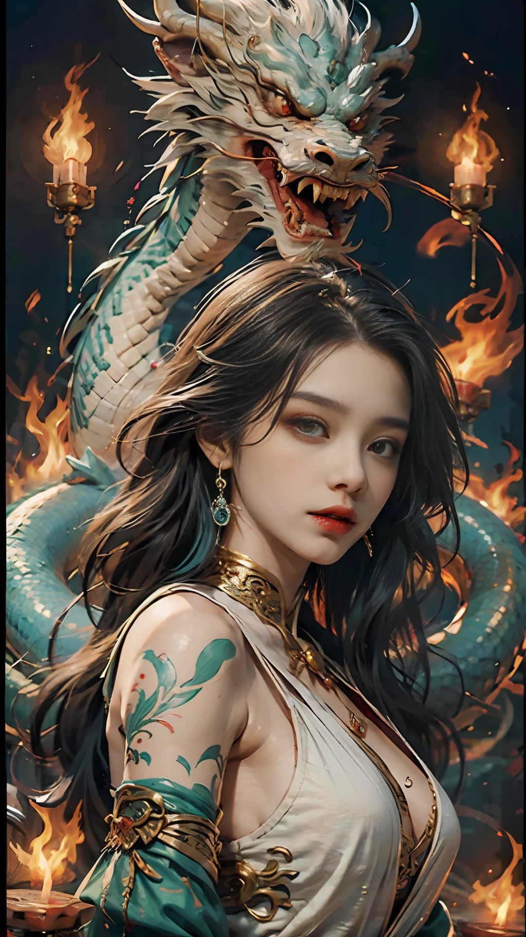 Best Quality, Masterpiece, Ultra High Resolution, (Realistic: 1.4) 1 Girl, beautiful_face, Detailed Skin, Full Body, Jade Fire Tree, Jewelry, Solo, Earrings, (Fire: 1.3), Blur, Realistic, Lips, Control a Flame Chinese Dragon, Flow Draw