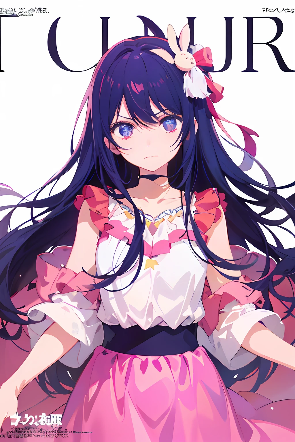 With a girl as the central character, she is in the center of the poster, Hoshino ai, beautiful petite girl, liquid hair, summer lightness, exposed shoulders, seduction, fashion, girly style, young anime girl, anime girl, perfect purple girl, seductive anime girl, cute anime girl, cute girl, (fashion magazine cover:1.3), pink high-waisted skirt, pink skirt, delicate accessories, surreal girl, anime girl, realistic girl, (a lazy girl, looking at the audience, faint smile: 1.3), hair accessories, (stars in the eyes), front, fantasy, mid and long end, (colorful) (best quality: 1.2), master works, (high accuracy: 1.1), 8k resolution, (detailed), delicate, white background, noise reduction, complex details, ultra-detailed, very detailed, complex, small details, CG, fresh, official art