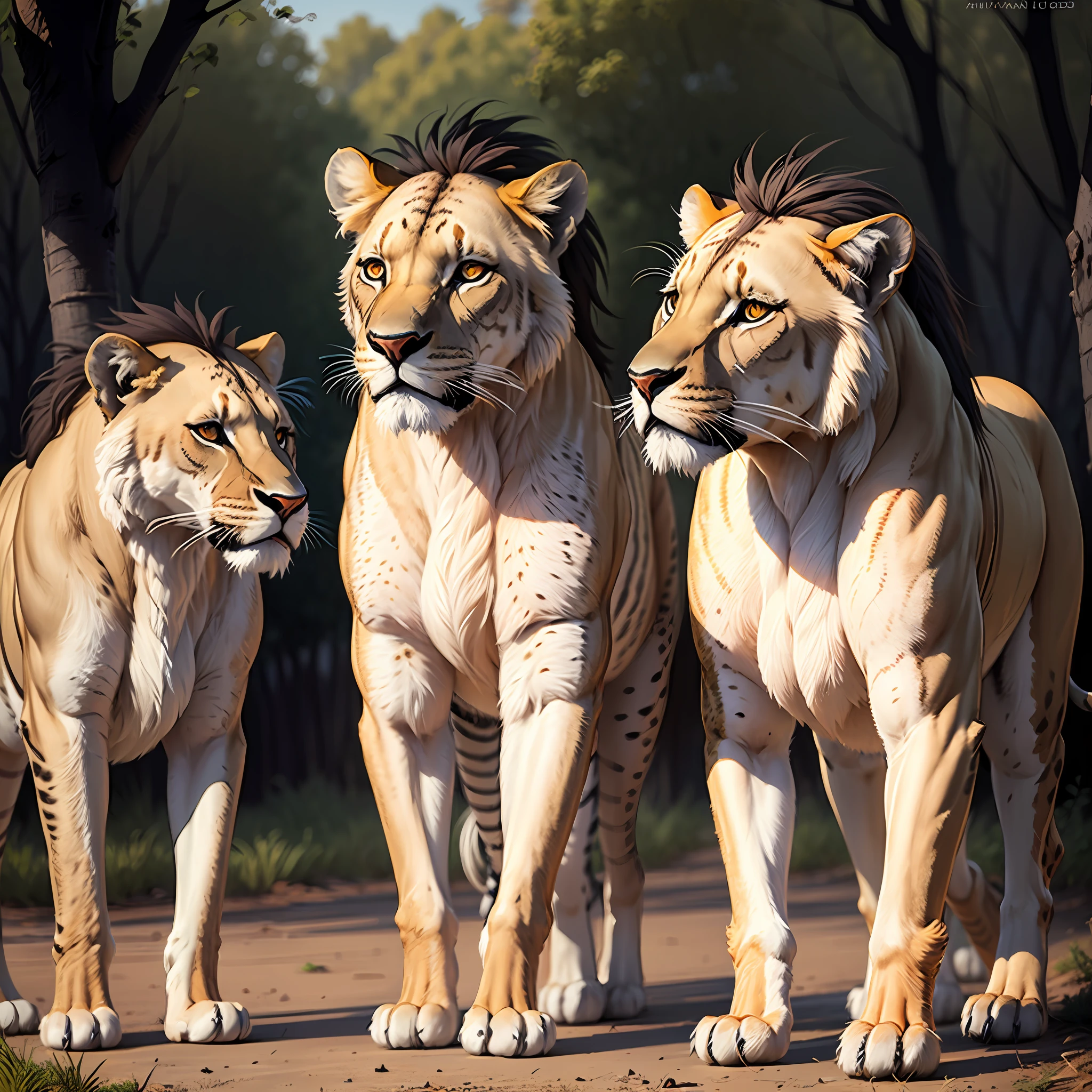 Face Four very realistic lion cubs together African savanna background --auto