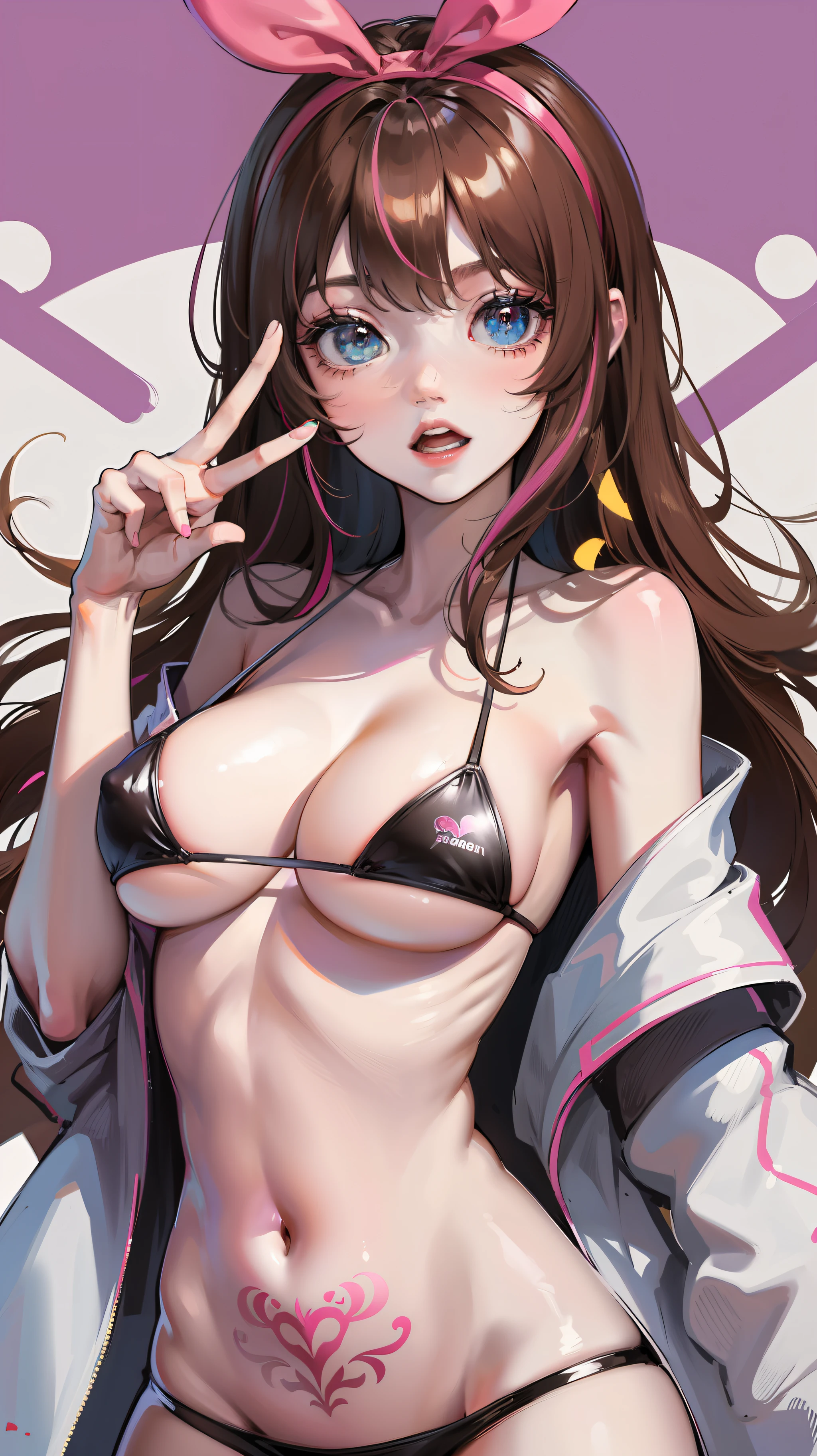 masterpiece, best quality, highres, 1girl, kizuna ai, large breasts ,long hair, brown hair, multicolored hair, floating hair, pink hairband, pink highlights, streaked hair, micro bikini, tattoo on stomach, peace sign