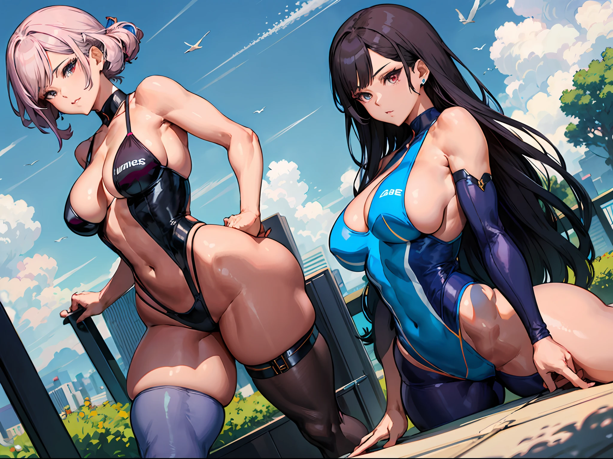 Anime - Style illustration of two women in lingersuits posing for a photo, Artgerm and Genzoman, Extremely detailed ArtGerm, Range Murata and Artgerm, ArtGerm Style, IG Model | Artgerm, Wlop and Artgerm, Artgerm and Rossdraws, Artgerm. Anime illustration, bottom angle, hot, big tits, wide hips, thick thighs