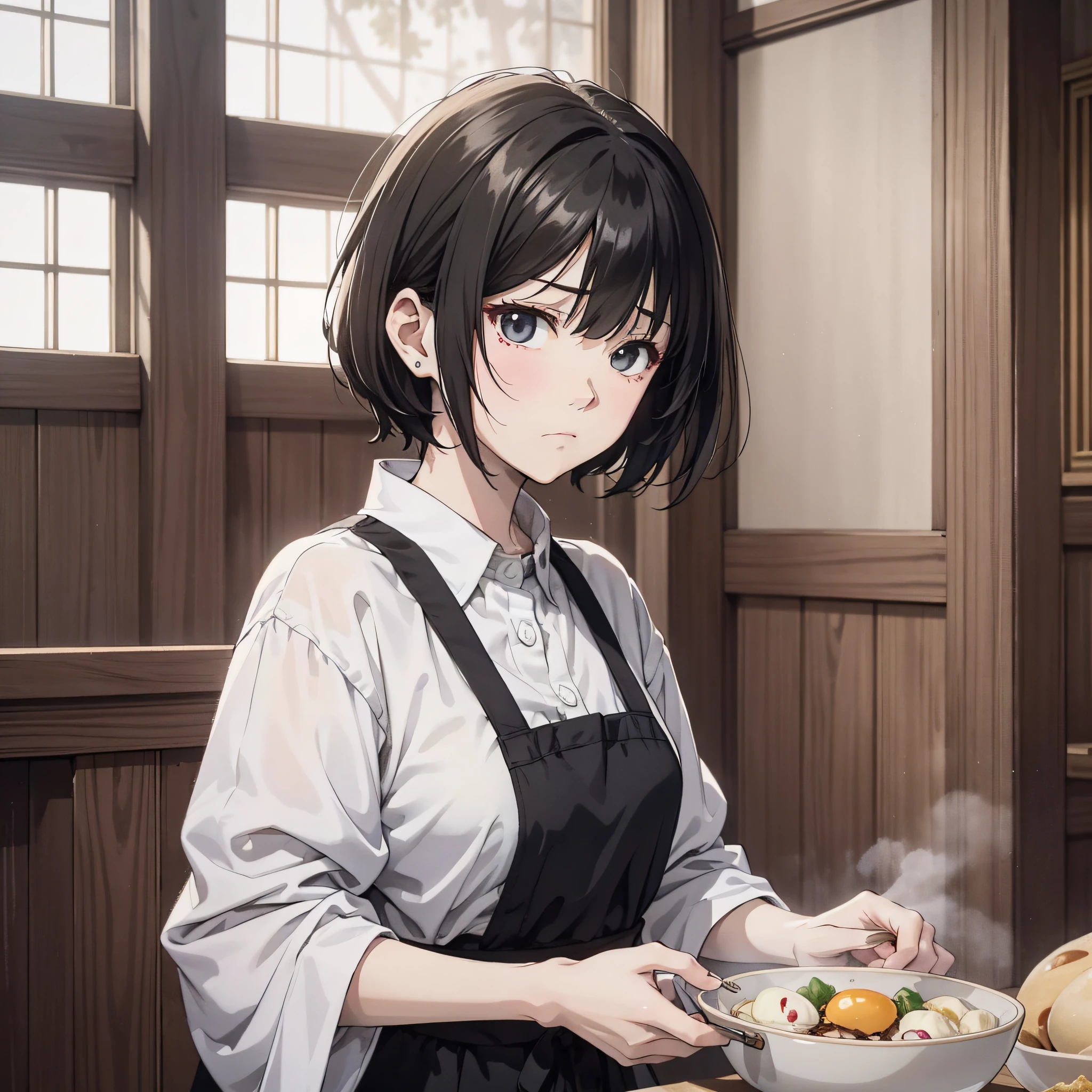 A middle-aged aunt in a white shirt with short black hair stands in the village house holding a bowl with steamed buns and eggs, (expression puzzled 1.5) (frown 1.5) (middle-aged aunt 1.5) (upper body display 1.5) (background is village house 1.5) (cinematic light 1.5) (master masterpiece: 1.4), hyperdetail, anime style 4 K, anime rendering, anime style. 8k,