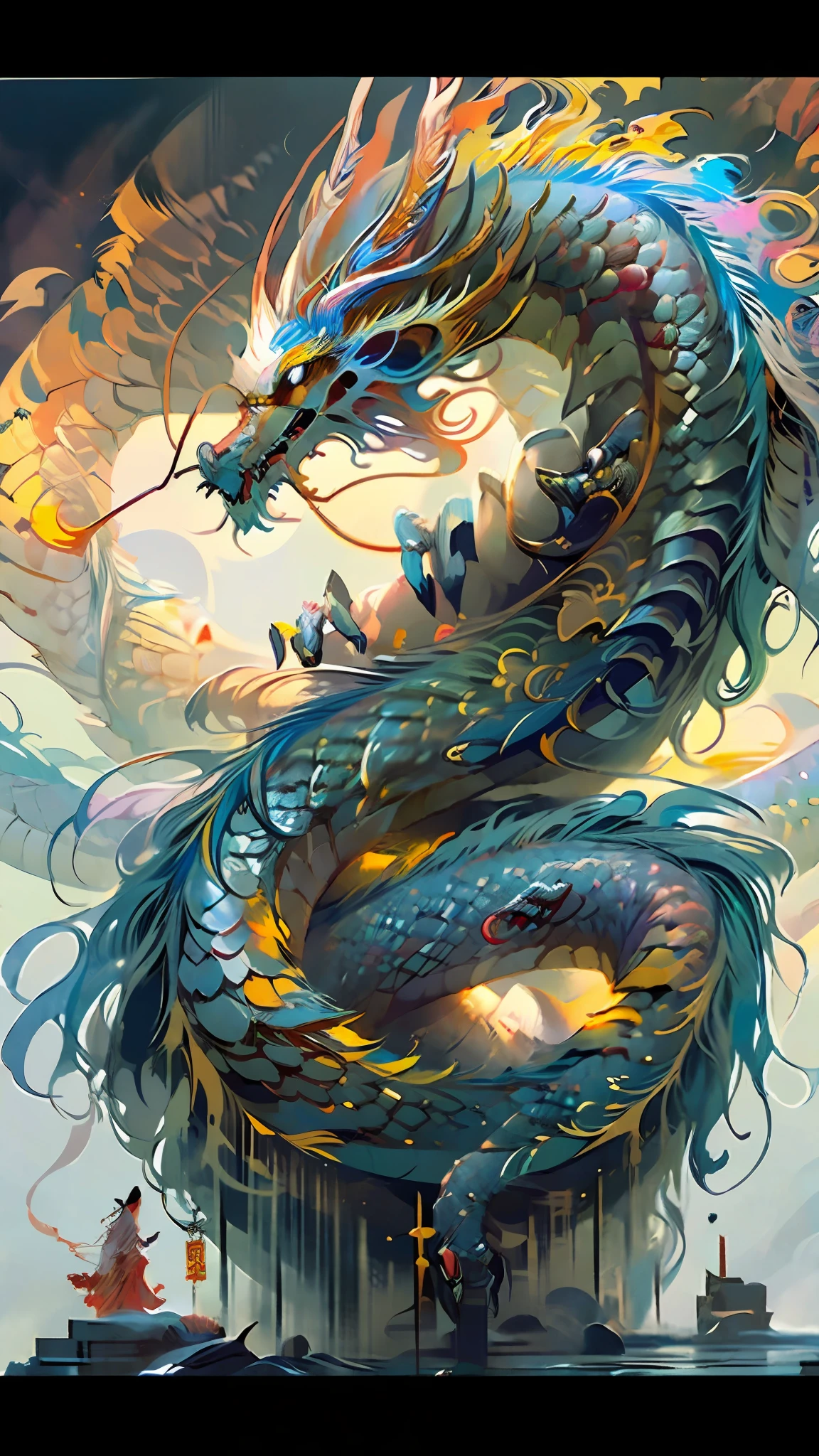 Official Art, Unified 8K Wallpapers, Ultra Detailed, Beautiful and Aesthetic, Masterpiece, Best Quality, (Zentangle, Tangle, Entangle), (fractal art: 1.4), 1girl, black hair, Chinese, bare shoulders, short skirt, calf, navel, very detailed, dynamic angle, cowboyshot, (most beautiful form chaos), flowing, (bright colors), oc, (half: 1.2), china, (thangka flying sky: 1.5), (ribbon: 1.3), (dream: 1.5), (hanfu: 1.5), Chinese dragon, Chinese phoenix, (smile: 0.5), (Chinese deity),
