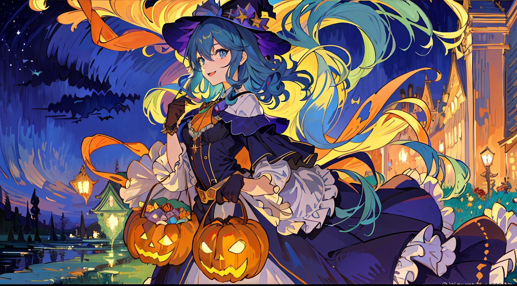 ((masterpiece:1.2, best quality)), 1girl, solo, (witch hat), a close up of a girl with curly hair, dress, aurora, night, star (sky), gloves, sky, dress, night sky, open mouth, starry sky, light blue eyes, ribbons, smile, cape, colorful hair, magic, casting spell, night, (impressionism:1.4), alphonse mucha, Halloween colors, colorful candy, magical lights, pumpkins, candies