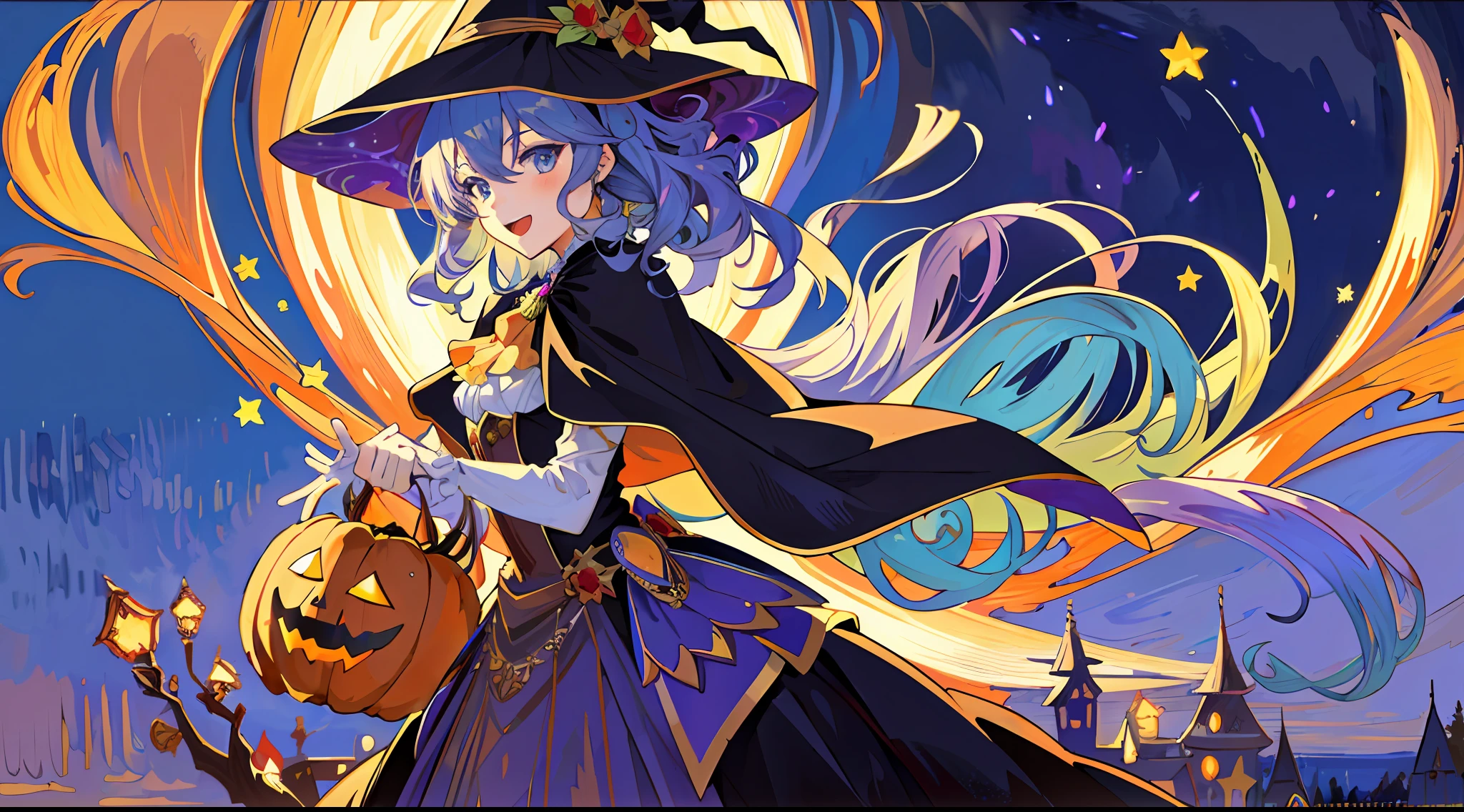 ((masterpiece:1.2, best quality)), 1girl, solo, (witch hat), a close up of a girl with curly hair, dress, aurora, night, star (sky), gloves, sky, dress, night sky, open mouth, starry sky, light blue eyes, ribbons, smile, cape, colorful hair, magic, casting spell, night, (impressionism:1.4), alphonse mucha, Halloween colors, colorful candy, magical lights, pumpkins, candies