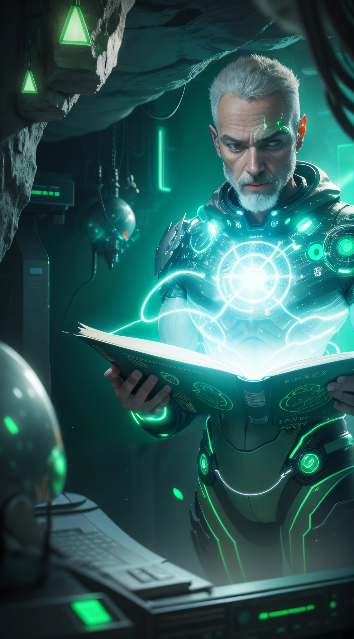 futuristic cave, with green crystals shining amid technological cables, neon codes floating around the man as if jumping out of the book --auto