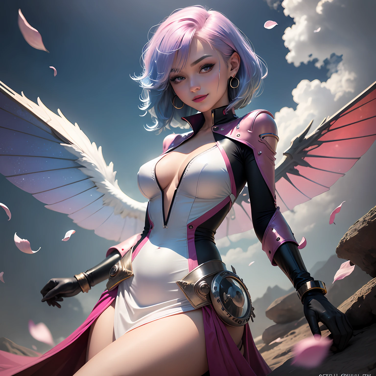 Regality Style, 1girl, blue eyes, blue hair, bodysuit, closed mouth, cloud, dress, earrings, gloves, jewelry, lips, lipstick, looking at viewer, makeup, mechanical wings, medium breasts, medium hair, petals, pink hair, pink lips, smile, solo, white gloves, wings