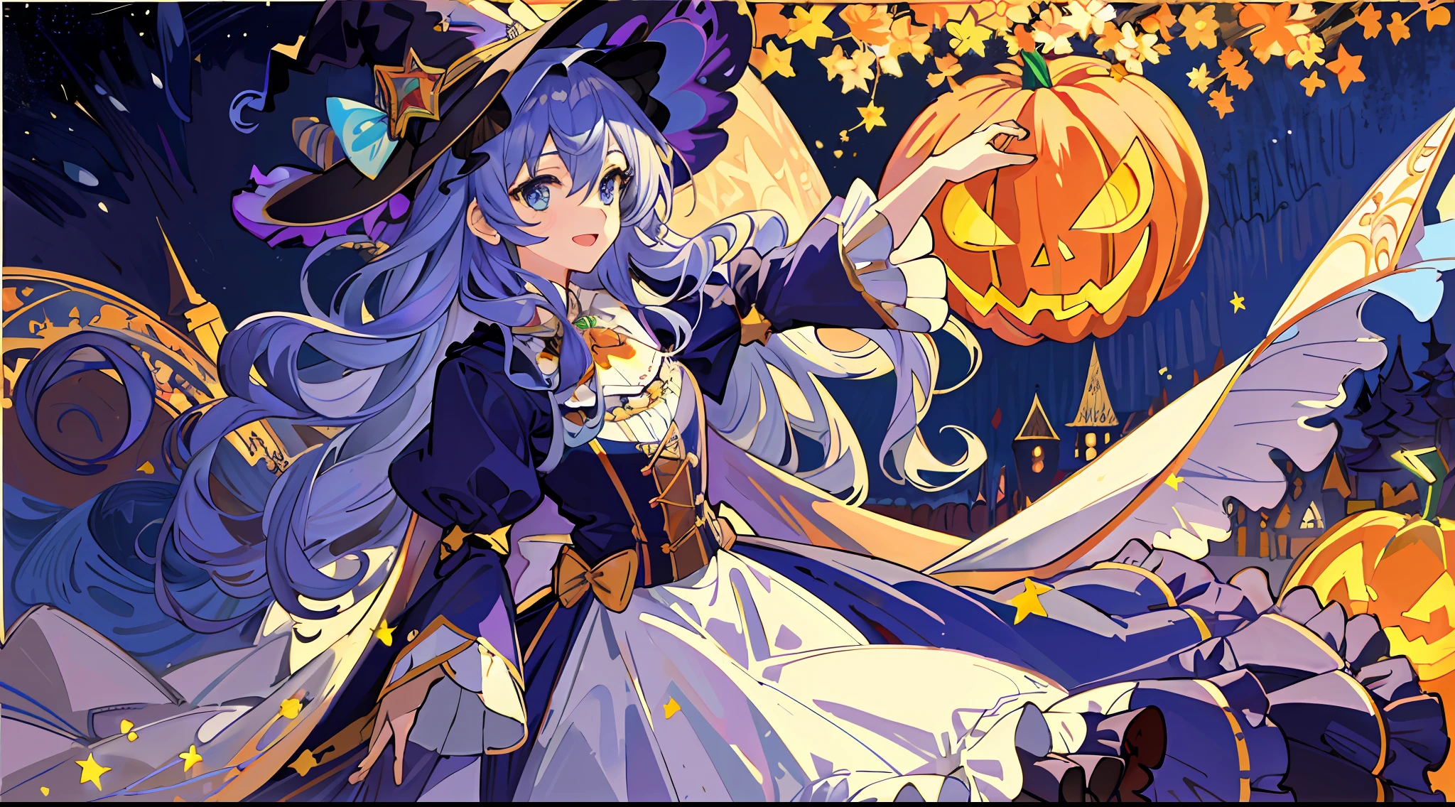 ((masterpiece:1.2, best quality)), 1girl, solo, (witch hat), a close up of a girl with curly hair, dress, aurora, night, star (sky), gloves, sky, dress, night sky, open mouth, starry sky, light blue eyes, ribbons, smile, cape, colorful hair, magic, casting spell, night, (impressionism:1.4), alphonse mucha, Halloween colors, colorful candy, magical lights, pumpkins, candies