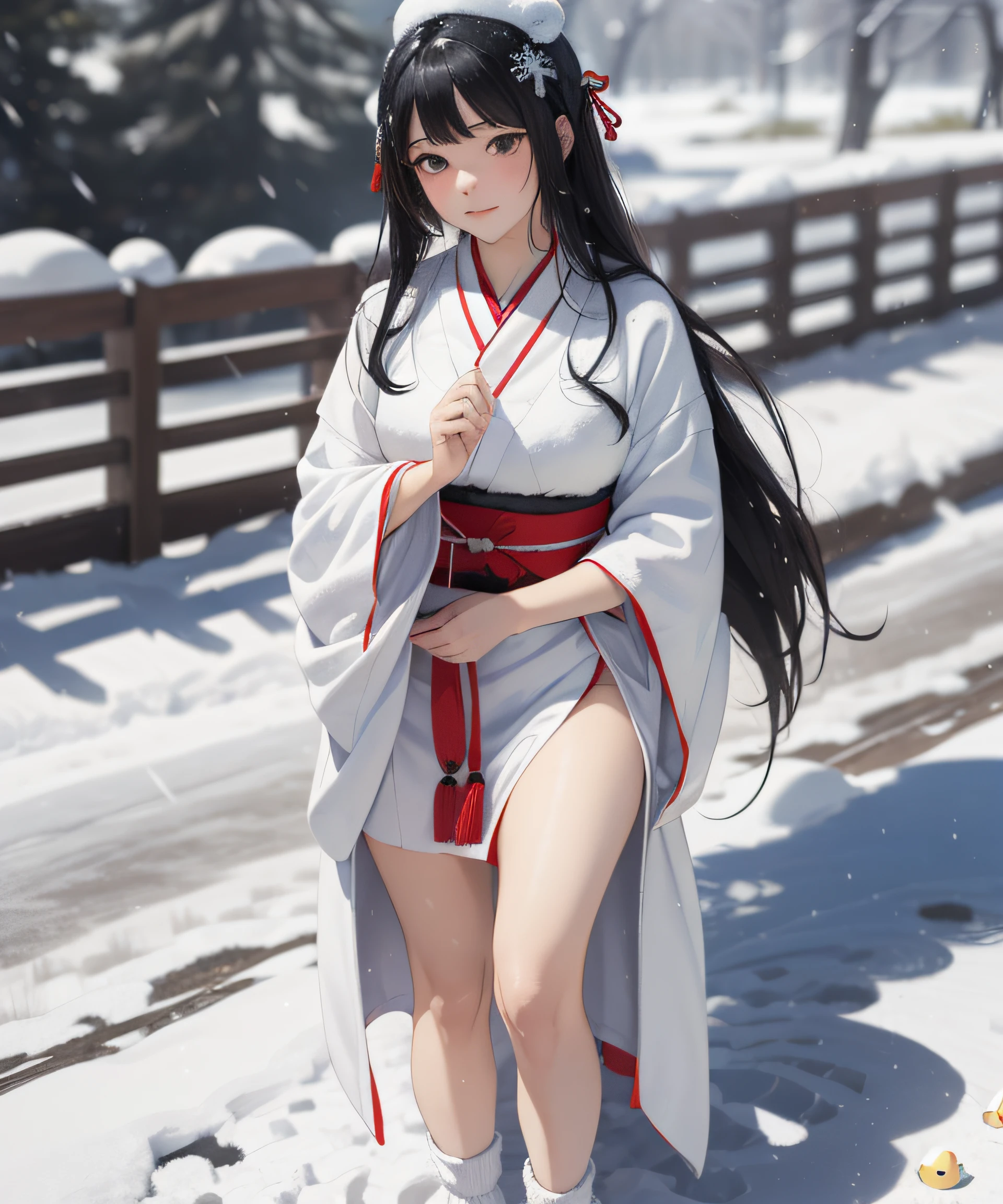 Masterpiece, realistic, highest quality, full body, black long hair, ((((Beautiful and sexy snow woman)))), (Beautiful snow woman from old tales)))), (Japan white kimono and white obi with long red sleeves fluttering only the obi hanging, face pointing downward and narrowed eyes looking up at the viewer)), (((Black hair with snowflake hair ornament and snowman hair fastening)), 20 years old, ((((Snowstorm Snowfield)))), (( No headgear))), photorealistic, blur background, bare feet, thighs, white sandals, white tabi socks