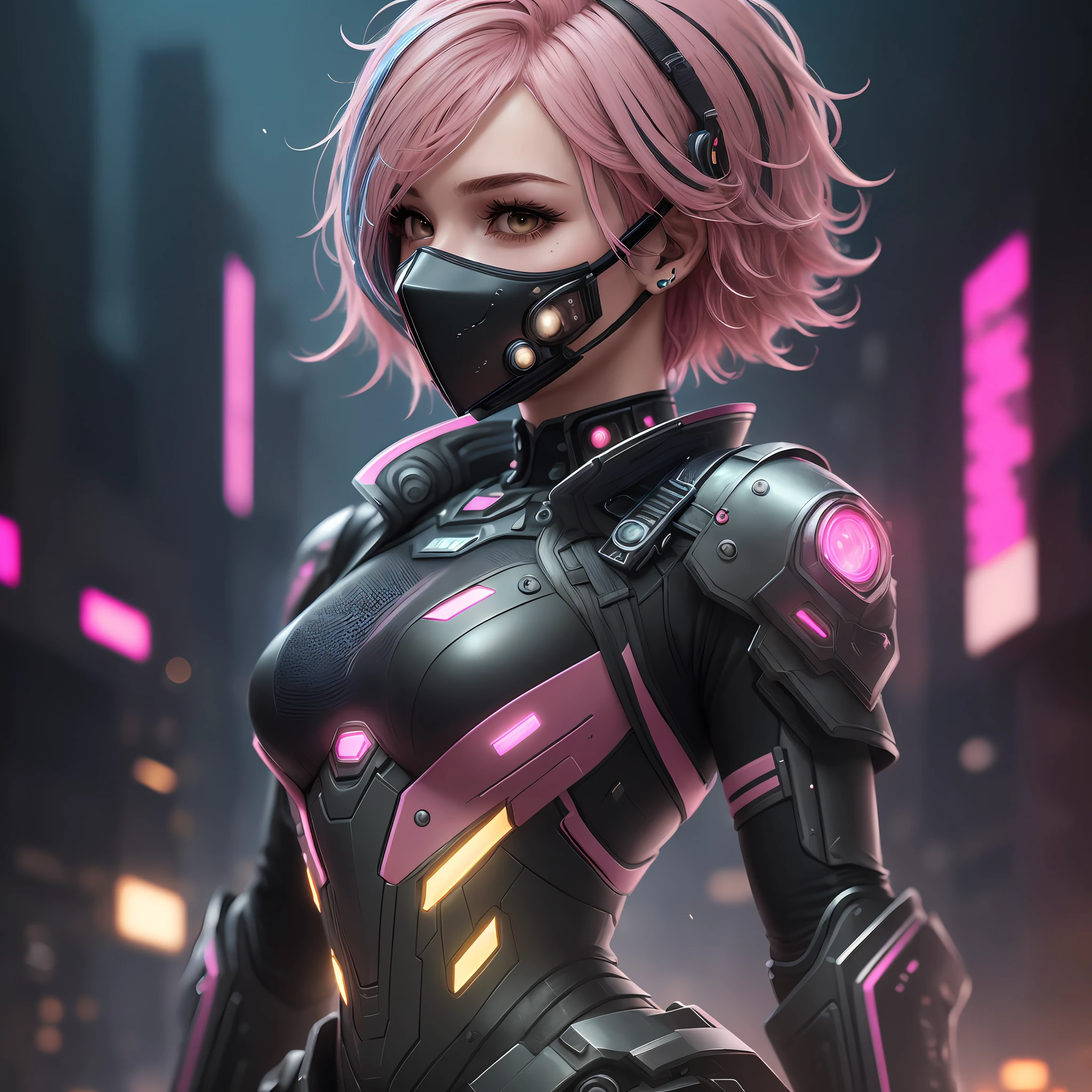(((pink hair))), masterpiece, best quality, ultra-detailed, 4k, cyberpunk operator, (cyberpunk skintight black combat suit:1,3), (cyberpunk mechanical chest armor:1,5), light cyberpunk armor, (wearing face mask:1,6), (black mask:1,9), small breasts, flat chest, 1girl, solo, deep_black_hair, (fluffy hair:1,6), (short hair:1,3),(face_focus:1,3), (upper_body:1,5), firce look, (digital art:1.18), (digital illustration:1.18), (Cinematic Lighting:1.11), (bokeh, light particles:1.1), (Cowboy Shot:1.13), (masterpiece:1.2), (best quality:1.2), 8k, HDR --auto --s2