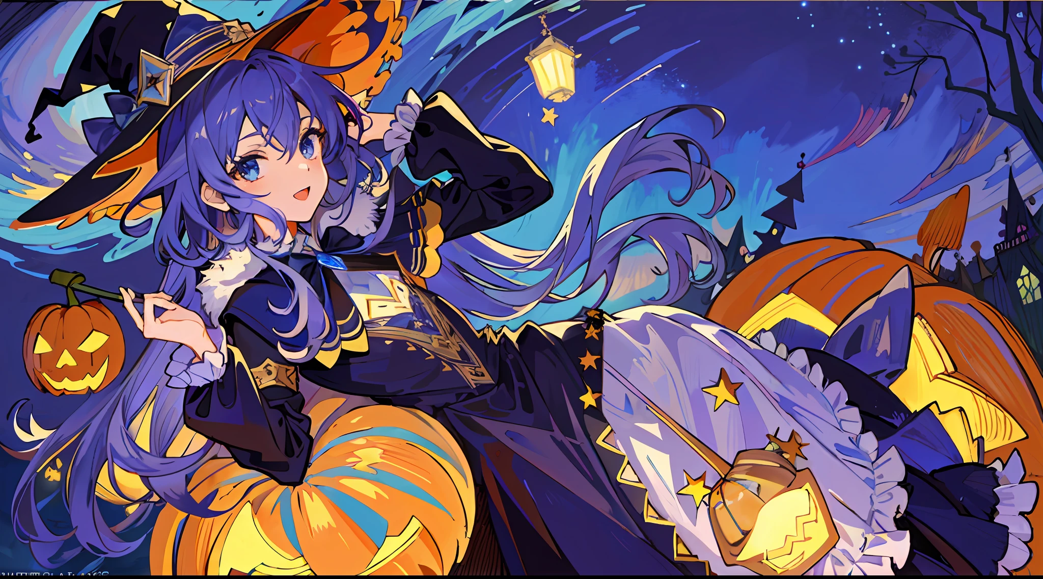 ((masterpiece:1.2, best quality)), 1girl, solo, (witch hat), a close up of a girl with curly hair, dress, aurora, night, star (sky), gloves, sky, dress, night sky, open mouth, starry sky, light blue eyes, ribbons, smile, cape, colorful hair, magic, casting spell, night, (impressionism:1.4), alphonse mucha, Halloween colors, colorful candy, magical lights, pumpkins, candies