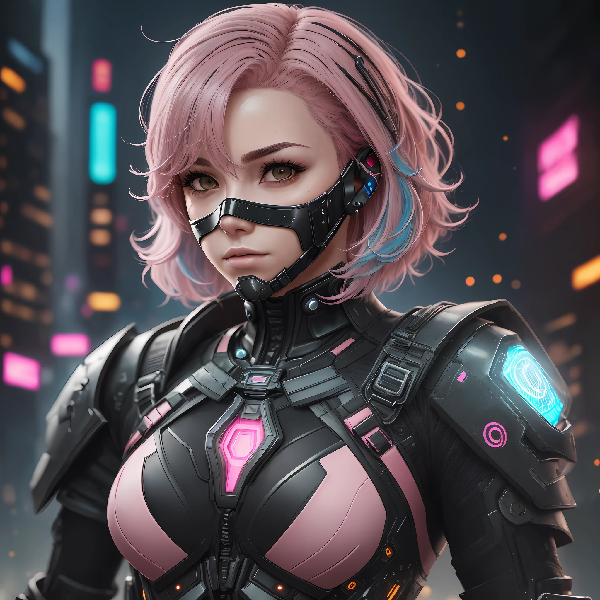 (((pink hair))), masterpiece, best quality, ultra-detailed, 4k, cyberpunk operator, (cyberpunk skintight black combat suit:1,3), (cyberpunk mechanical chest armor:1,5), light cyberpunk armor, (wearing face mask:1,6), (black mask:1,9), small breasts, flat chest, 1girl, solo, deep_black_hair, (fluffy hair:1,6), (short hair:1,3),(face_focus:1,3), (upper_body:1,5), firce look, (digital art:1.18), (digital illustration:1.18), (Cinematic Lighting:1.11), (bokeh, light particles:1.1), (Cowboy Shot:1.13), (masterpiece:1.2), (best quality:1.2), 8k, HDR --auto --s2