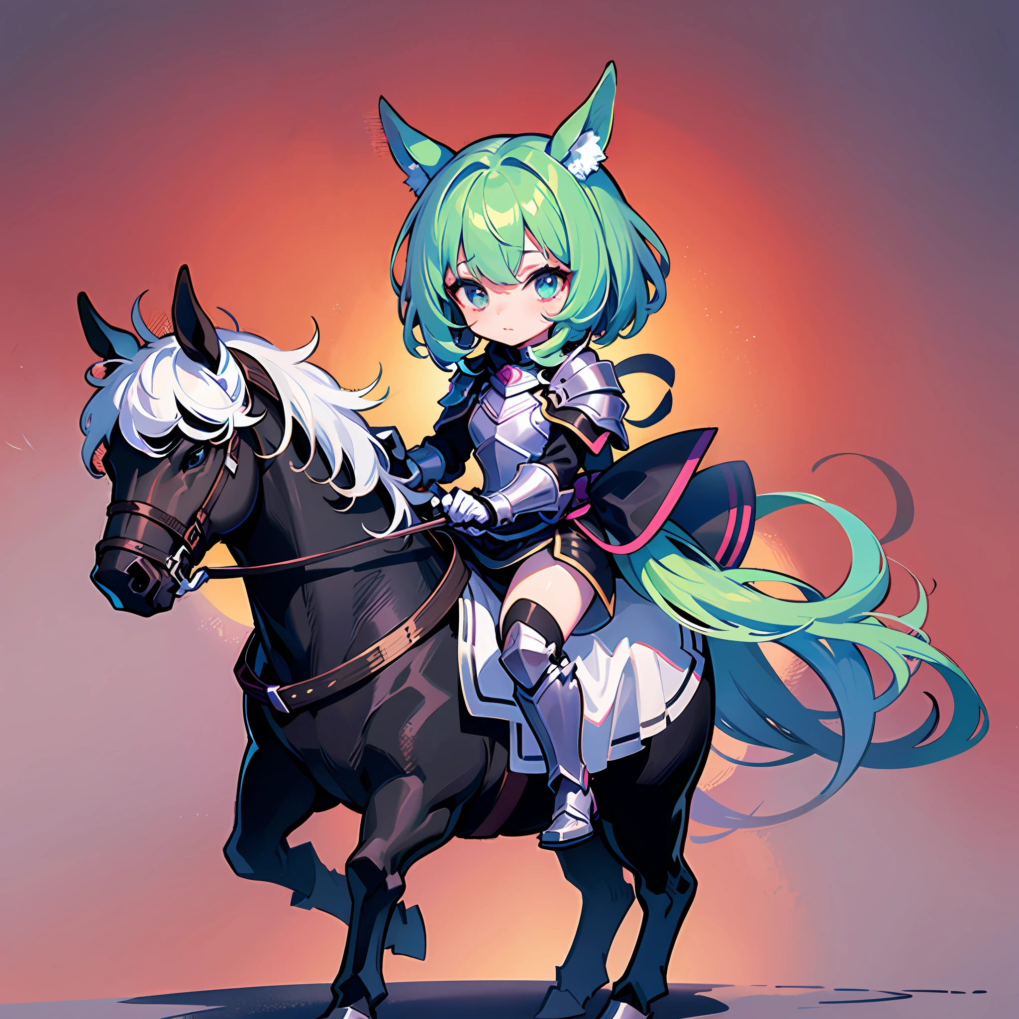 ((Sticker: 1.5))), ((Chibi Chara)), (White Background), Fluffy, Girl, Black Knight, Black Knight Armor Costume, Riding a Horse, Black Knight Pose, Chibi Chara, Full Body, Pastel Hair, Fairy Tale, Fantastic, Rainbow, T-shirt Design, Masterpiece, Best Quality, 16k, Riding a Horse