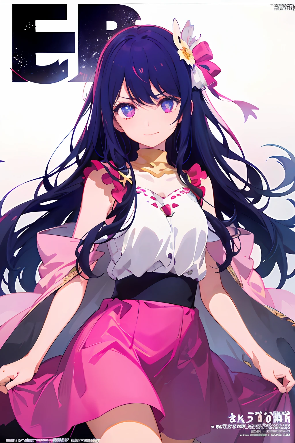 With a girl as the central character, she is in the center of the poster, Hoshino ai, beautiful petite girl, liquid hair, summer lightness, smile, exposed shoulders, seduction, fashion, girly style, young anime girl, anime girl, perfect purple girl, seductive anime girl, cute anime girl, cute girl, (fashion magazine cover:1.3), pink high-waisted skirt, pink skirt, delicate accessories, surreal girl, anime girl, realistic girl, (a lazy girl, looking at the audience, faint smile: 1.3), hair accessories, (stars in the eyes), front, fantasy, mid and long end, (colorful) (best quality: 1.2), master works, (high accuracy: 1.1), 8k resolution, (detailed), delicate, white background, noise reduction, complex details, ultra-detailed, very detailed, complex, small details, CG, fresh, official art