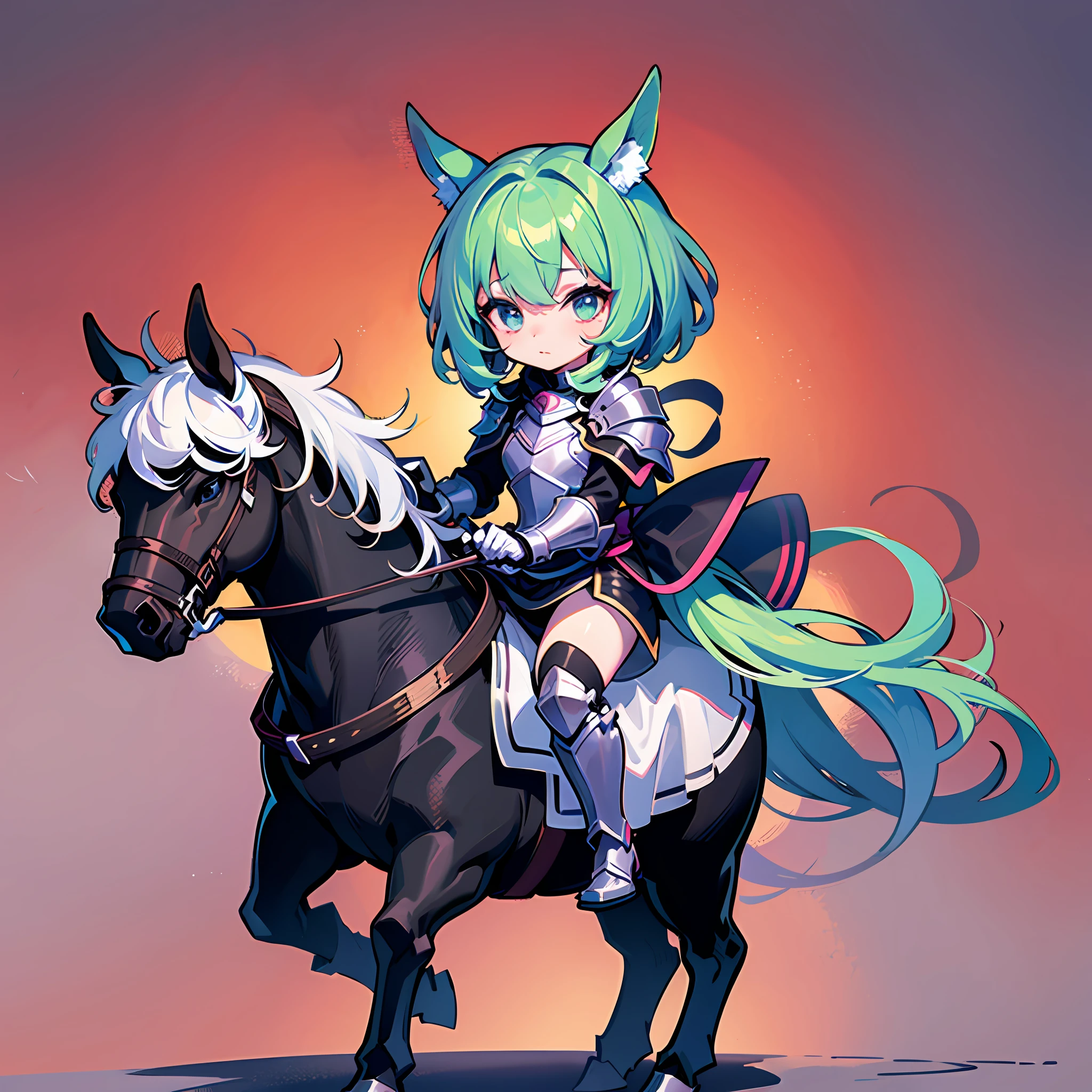 ((Sticker: 1.5))), ((Chibi Chara)), (White Background), Fluffy, Girl, Black Knight, Black Knight Armor Costume, Riding a Horse, Black Knight Pose, Chibi Chara, Full Body, Pastel Hair, Fairy Tale, Fantastic, Rainbow, T-shirt Design, Masterpiece, Best Quality, 16k, Riding a Horse