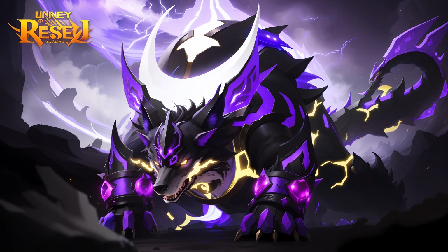 A close-up of a cartoon character, mysterious, purple-black wolf, purple and black costumes, Duelyst style, dark aura, Keqing from Genshin Impact, huge dragon as background, former demon king, mysterious art style, huge details, menacing aura, purple glowing core in armor, super legend, Rosanne, high-detail official artwork, huge details