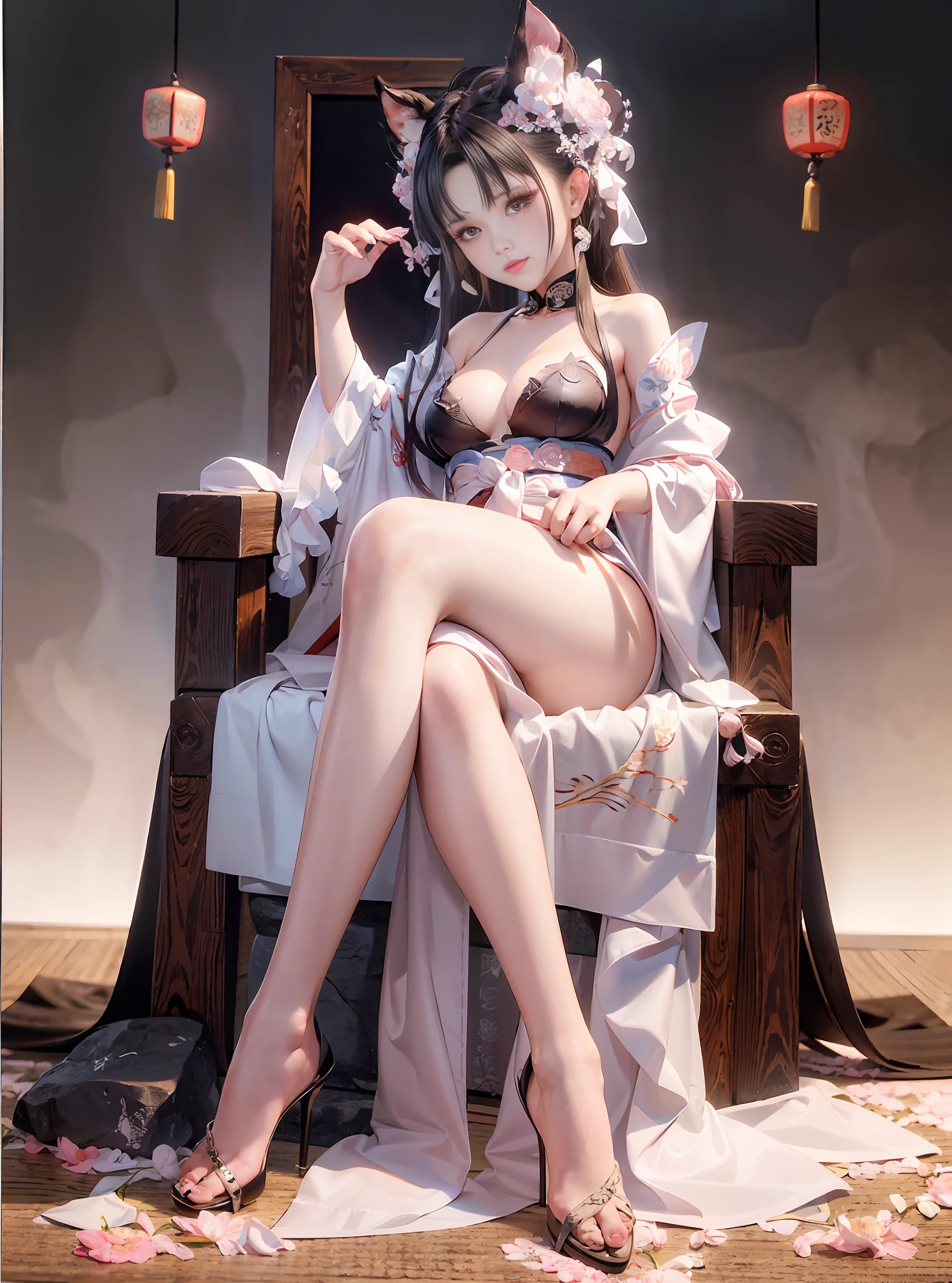 Sexy seductive lady, 30 years old, peach blossom eyes, smoky makeup, silk high-forked hanfu, stiletto heels, (bare legs), provocative expression, sitting on a throne, striped hair, black hair, moles under the eyes, makeup, anime style, seductive smile, kinky smile, chinese court, chinese feeling, lantern, chinese knot, uhq, masterpiece, , 8k, best quality, ccurate, anatomically correct, highly detailed characters, stiletto heels, bare legs, rounded smooth bare legs, (8k, original photo, best quality, Masterpiece,,:1.2),((character)concept art),Full body concept,fine details,Screen center,