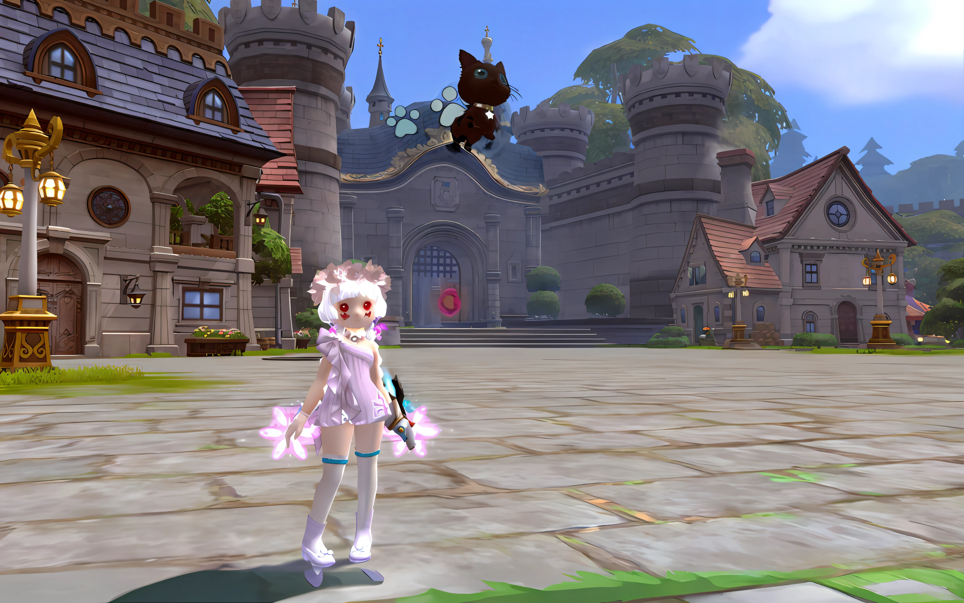 There is a girl in a dress standing in front of the castle, < MMORPG scene, Aion of Ion, MMORPG fantasy, MMORPG, MMO, Laraphael, fantasy MMO, world boss kitten, beautiful screenshot, ragnarok online, MMORPG gameplay, white cat girl, amazing MMORPG, korean mmo, maple story gun girl, (castle in background), korean mmorpg