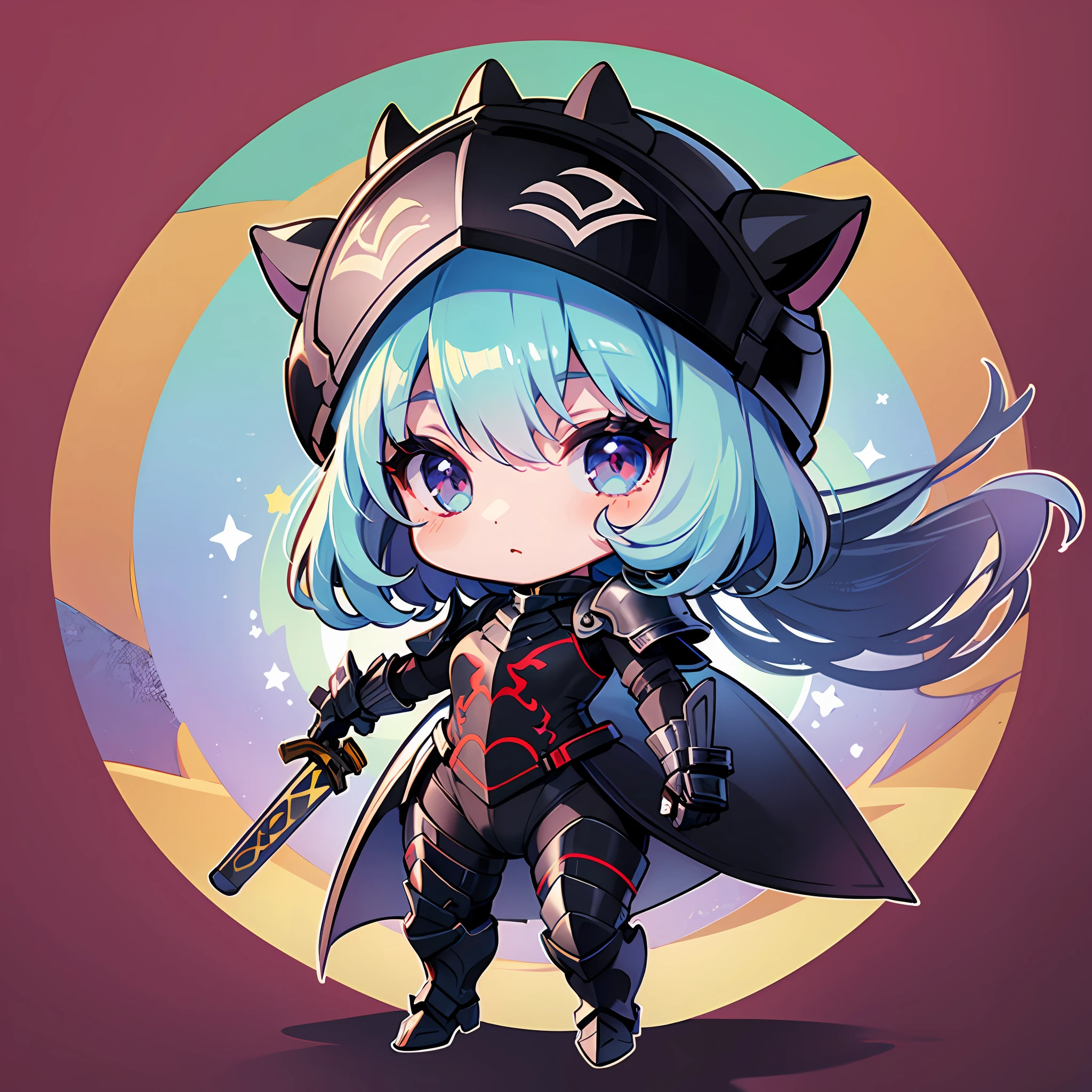 ((Sticker: 1.5))), ((Chibi Chara)), (White Background), Fluffy, Girl, Black Knight, Black Knight Armor Costume, With Saber, Black Knight Pose, Chibi Chara, Full Body, Pastel Hair, Fairy Tale, Fantastic, Rainbow, T-Shirt Design, Best Masterpiece, Best Quality, 16k, Riding a Horse