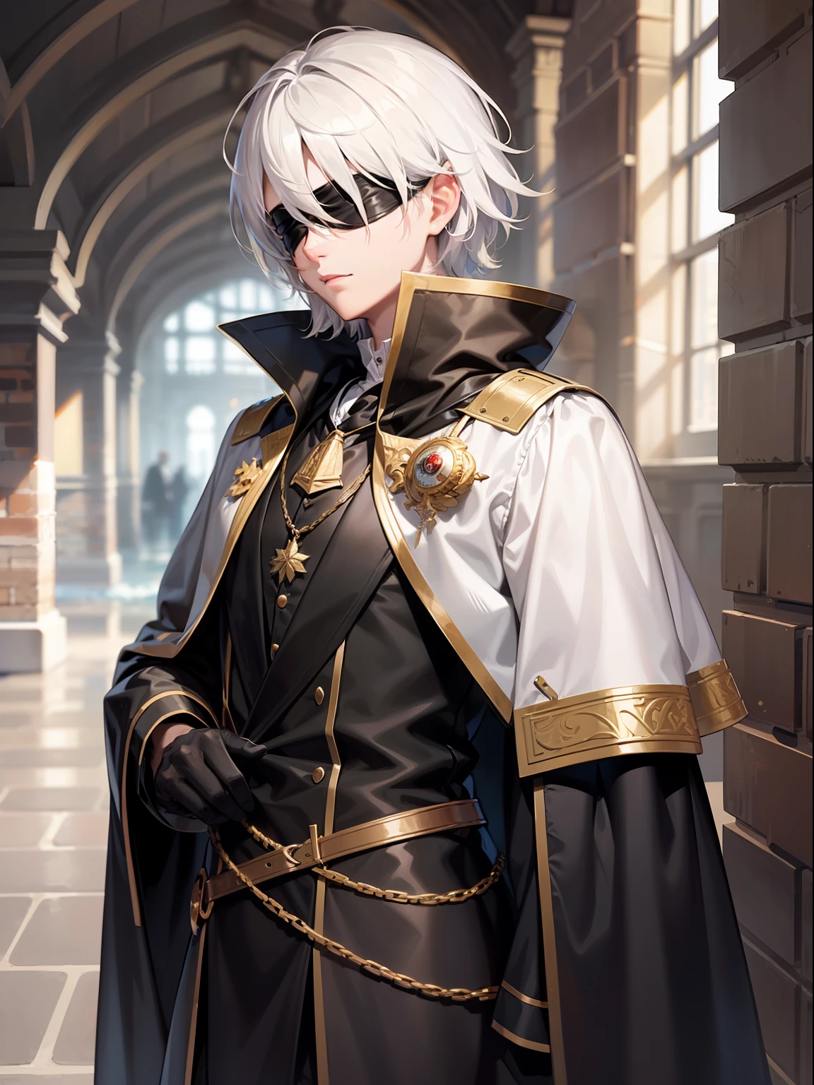 blindfolded, 1guy, white hair, medium hair, {{{eye band}}}, black cloak, brawny