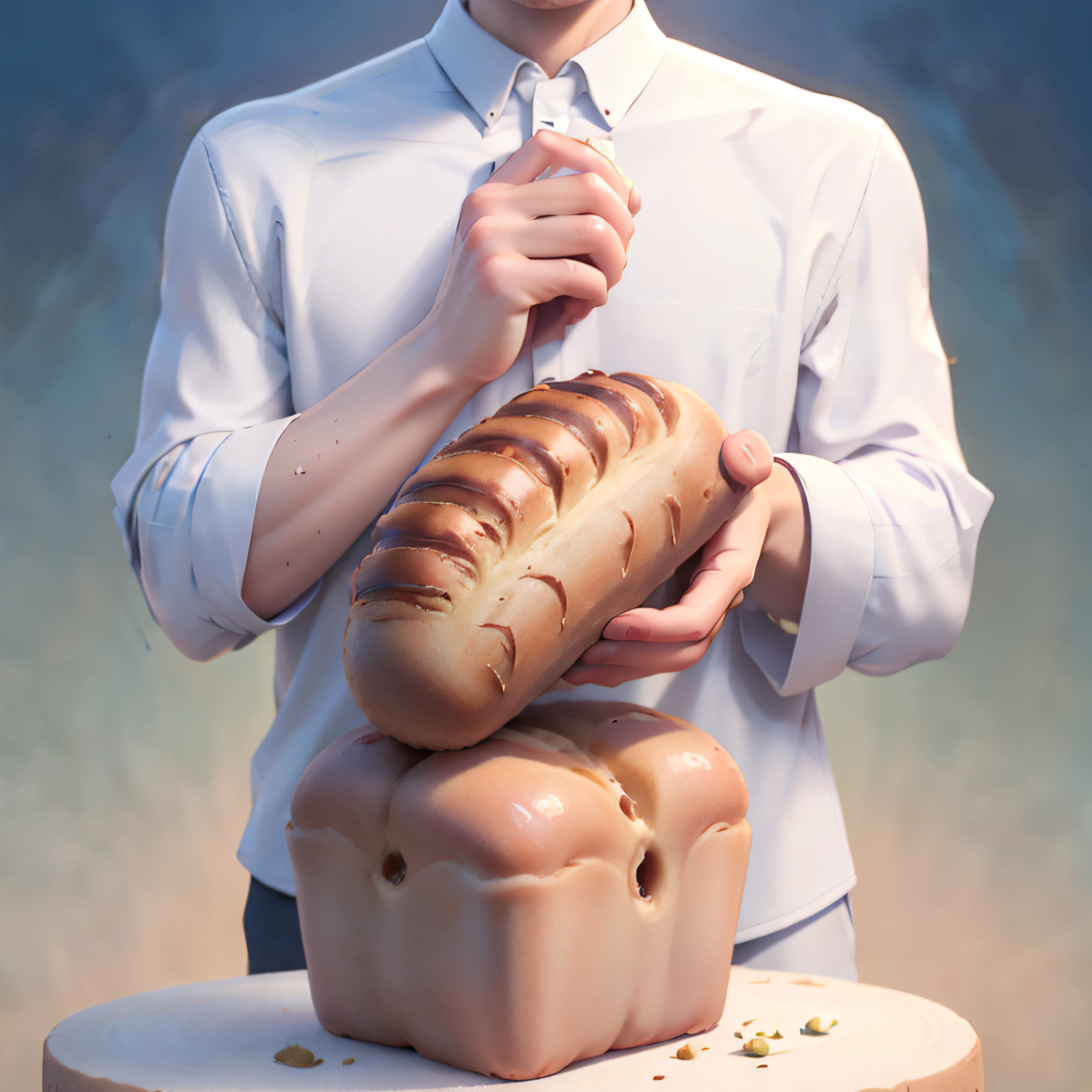 A close-up of a man holding a loaf of bread celebrating the birth of a new product, celebrating the birth of bread