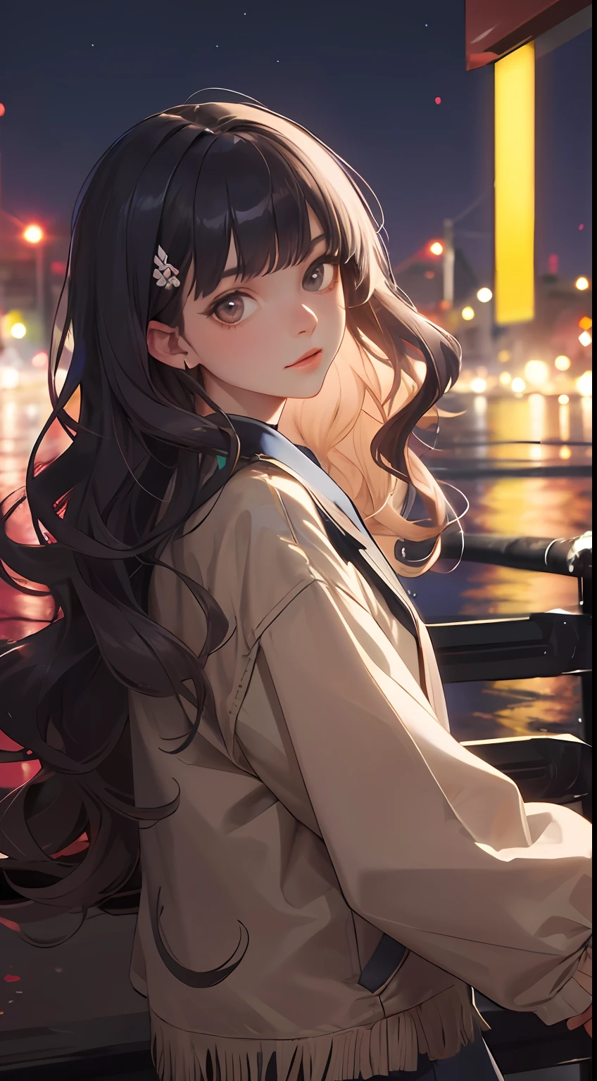 (masterpiece:1.2), (best quality:1.2), night, (looking at viewer), bright skin,
outdoors, fringe,
long hair, (wavy hair),