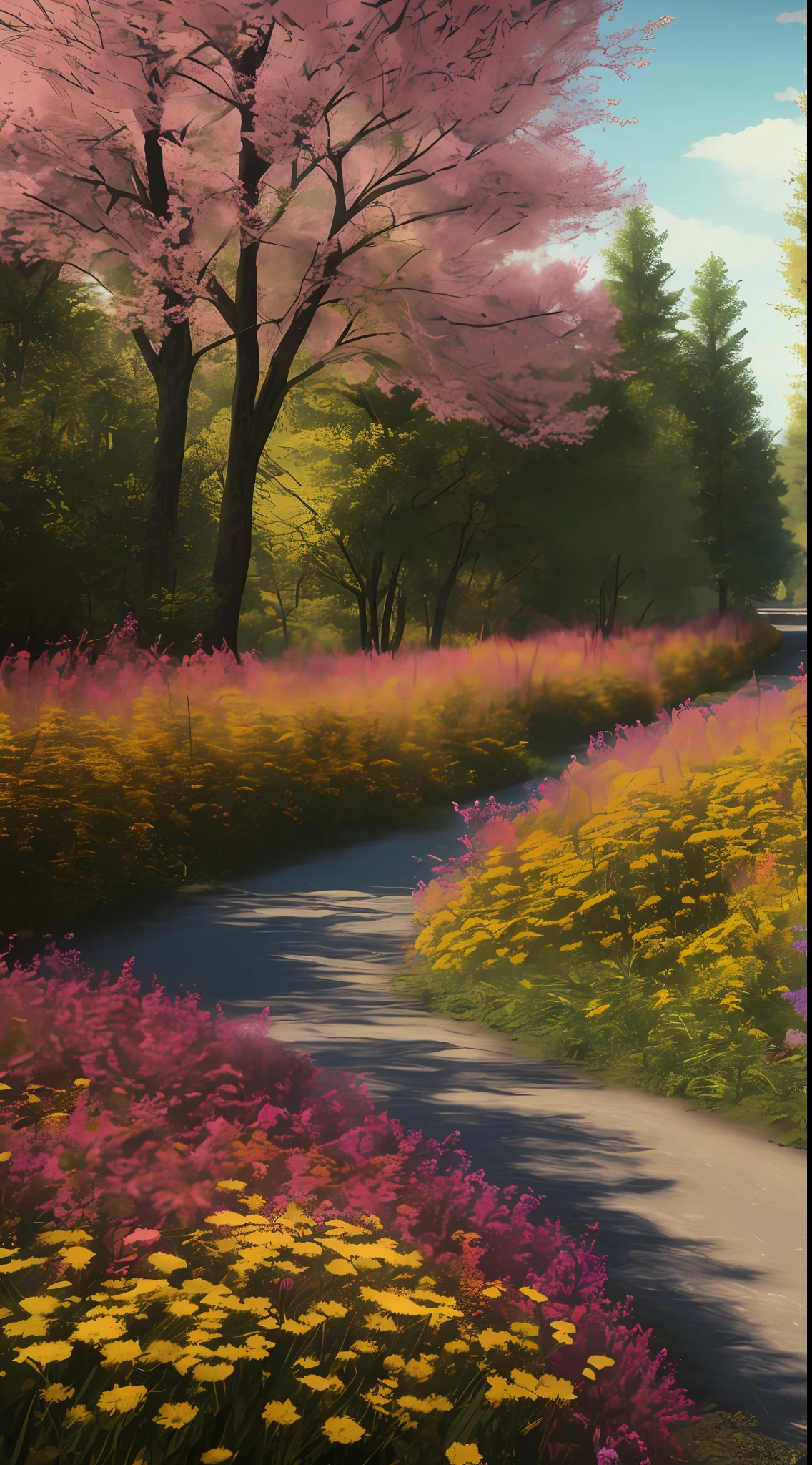 masterpiece, best quality, high quality, extremely detailed CG unity 8k wallpaper, forest, silence, bouquet of flowers , autumn climate, serene beauty, autumn, mild summer, breeze, needles, pink clouds, pink sky, depth fields, HDR, bloom, chromatic aberration, photorealistic, extremely detailed, popular on artstation, popular on CGsociety, complex, high detail, dramatic, art midway