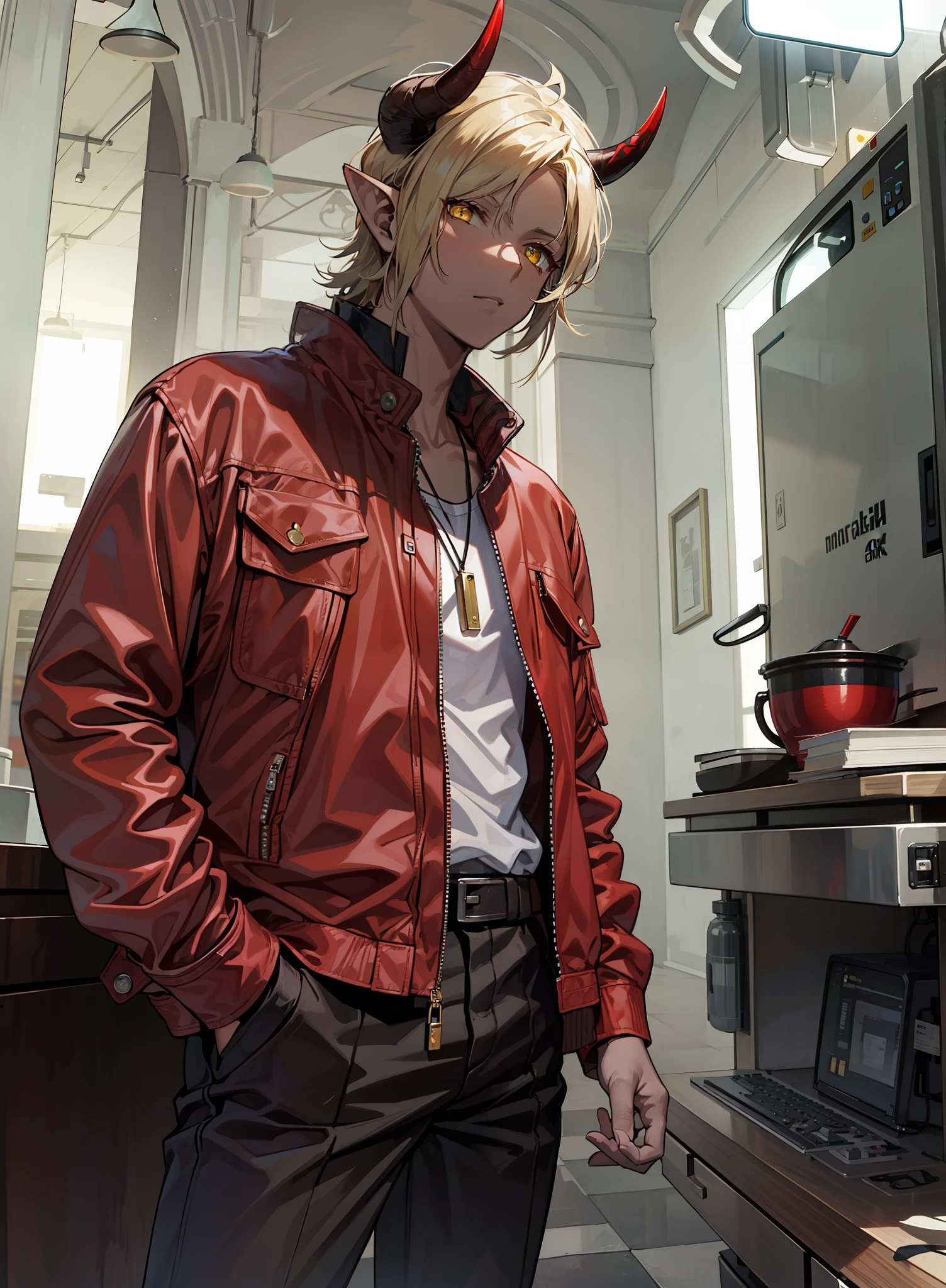 Boy, brown skin, red jacket, pointy ears, horns,4k, yellow eyes, scarf on neck