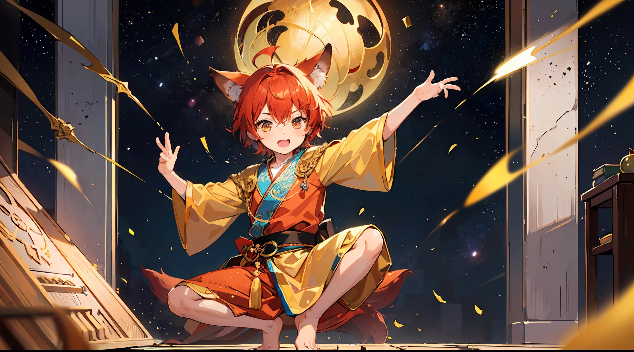 (Little boy with short red hair with golden eyes), (dressed in a golden and red fairy robe), (red fox ear tail), (handsome), (barefoot), (in the space crack), (dance)