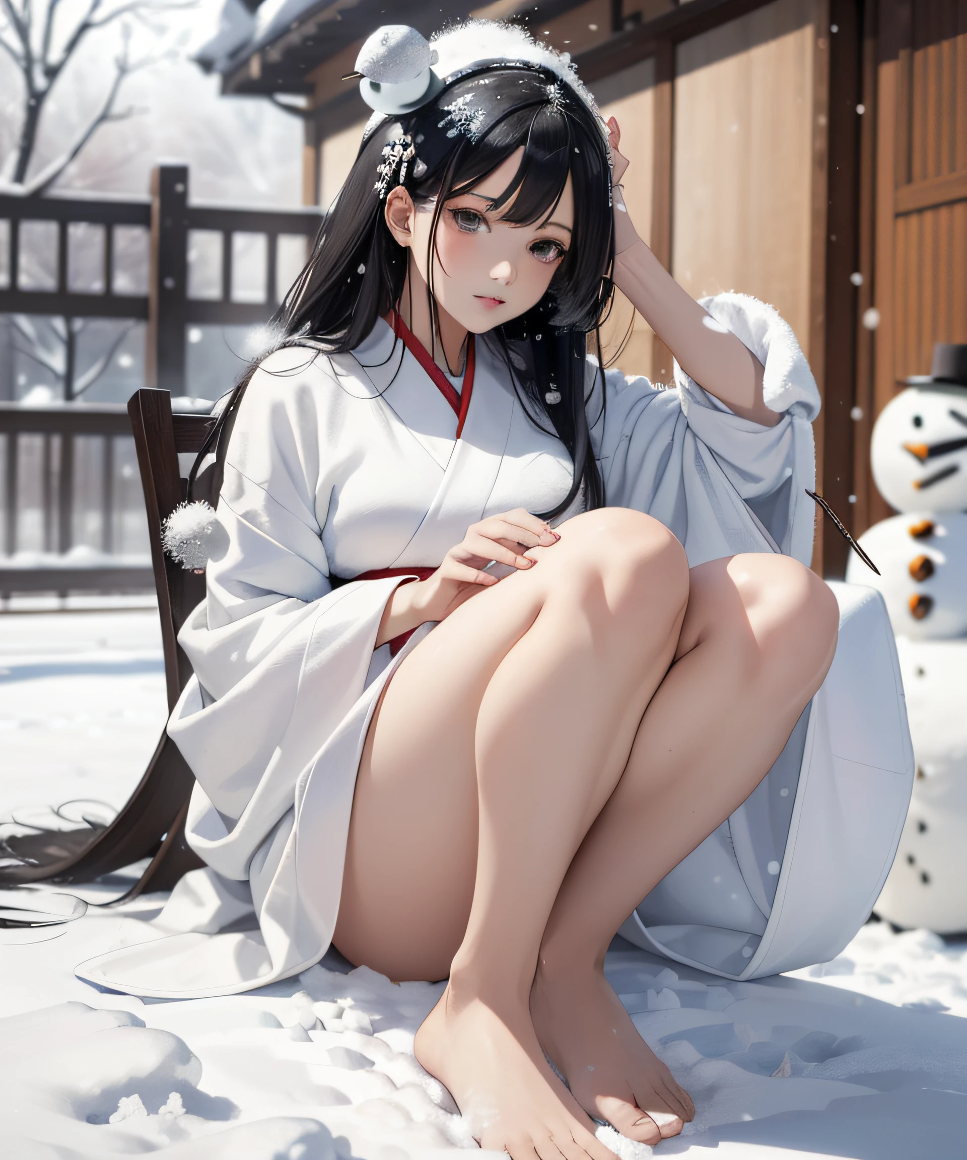 Masterpiece, realistic, highest quality, full body, black long hair, ((((Beautiful and sexy snow woman)))), (Beautiful snow woman from old tales)))), (Japan white kimono and white obi with long red sleeves fluttering only the obi hanging, face pointing downward and narrowed eyes looking up at the viewer)), (((Black hair with snowflake hair ornament and snowman hair fastening)), 20 years old, ((((Snowstorm Snowfield)))), (( No headgear))), photorealistic, blur background, bare feet, thighs, barefoot