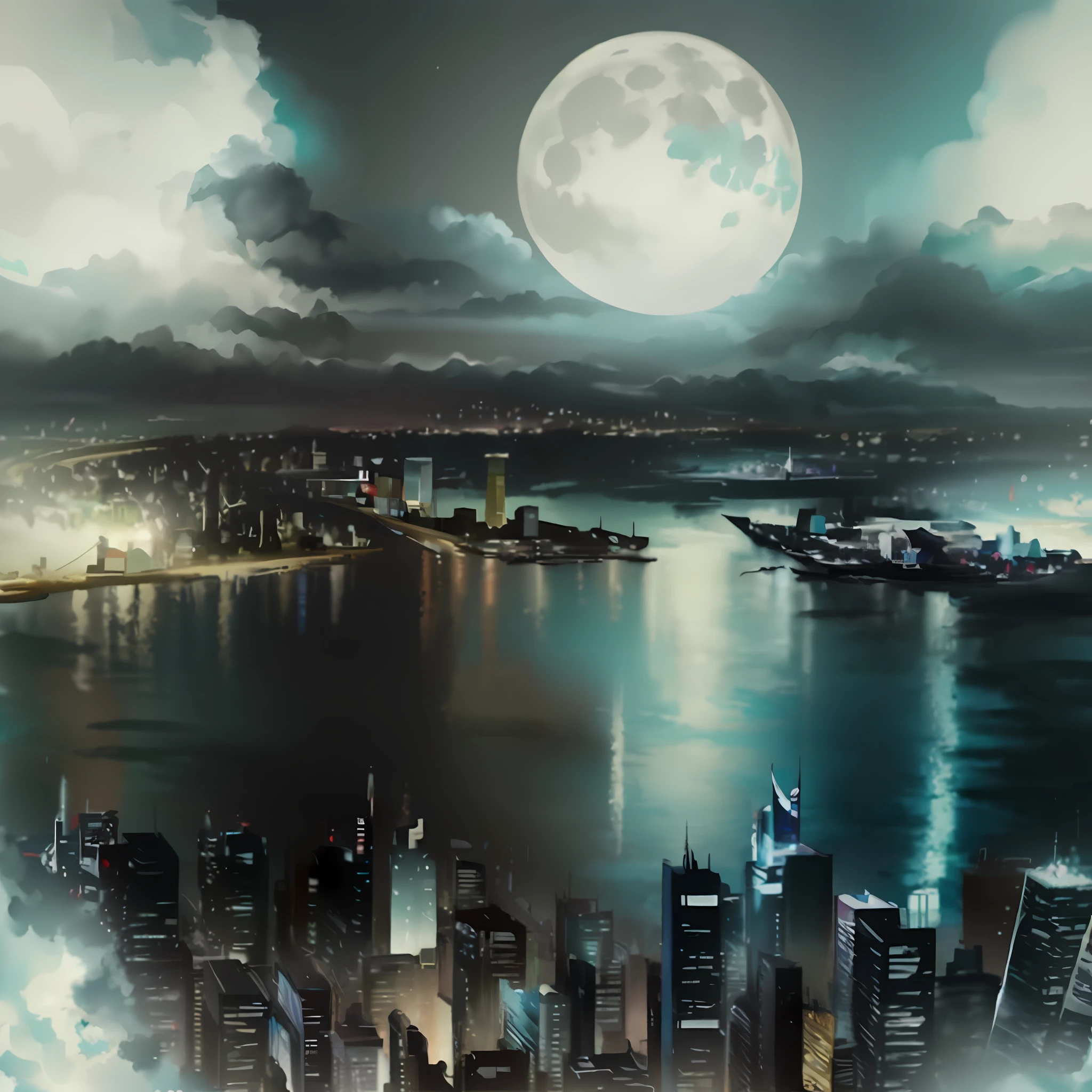 Alafd view of a city with lots of clouds in the sky, moon, Isayama, Kowloon cyberpunk, inspired by Stephen Martinier, inspired by Stephen Martinier, matte drawing manga art, Isayama's style, 8k comic art, Kowloon cyberpunk cityscape, digital comics, comic books: .2, master works, super fine photos, best quality, super high resolution, photorealism, moonlight, clear silhouette, night city, skyscraper, sea, on the beach, port, hd, masterpiece, super fine photo, best quality, super high resolution, photorealism,