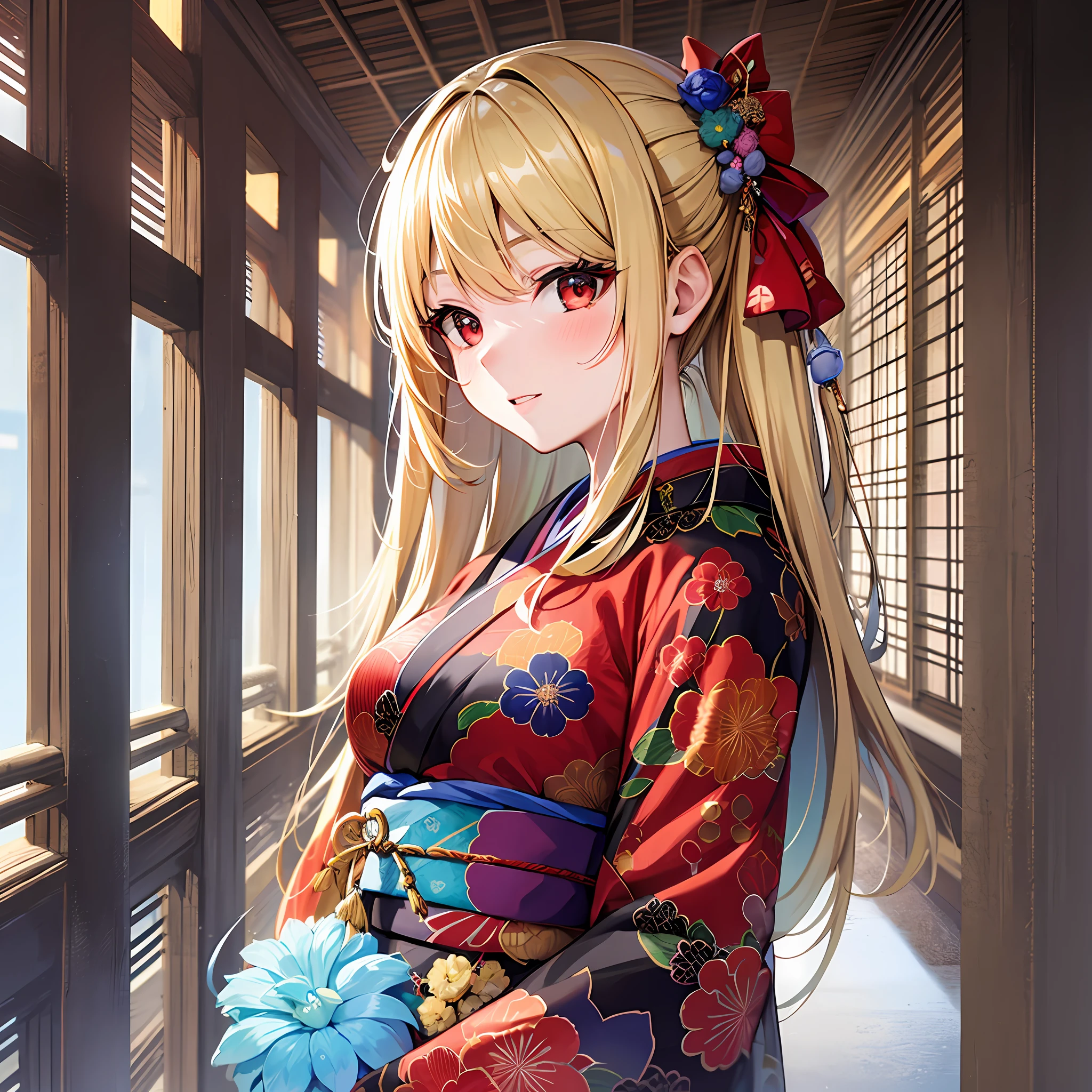 One blonde girl, red eyes, kimono, Tanabata,