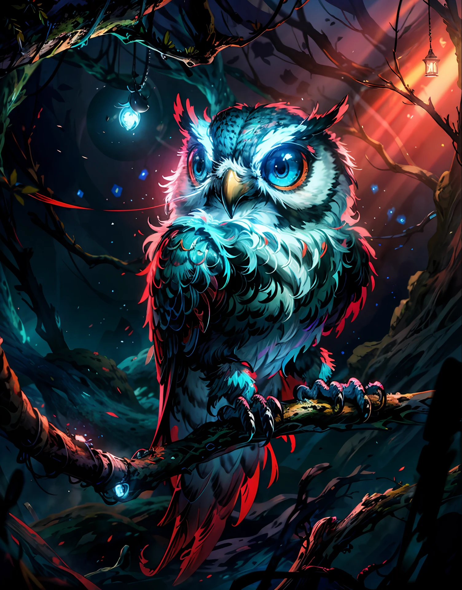 close shot  of a mythical owl with colorful feathers, galaxy eyes, shiny feathers, detailed feathers, detailed big eyes, the owl is landing on an alien tree branch , looking at viewers with the eyes of judgement, focus, alien landscape background .BREAK,Detailed,Realistic,4k highly detailed digital art,octane render, bioluminescent, BREAK 8K resolution concept art, realism,by Mappa studios,masterpiece,best quality,official art,illustration,ligne claire,(cool_color),perfect composition,absurdres, fantasy,focused,rule of thirds,