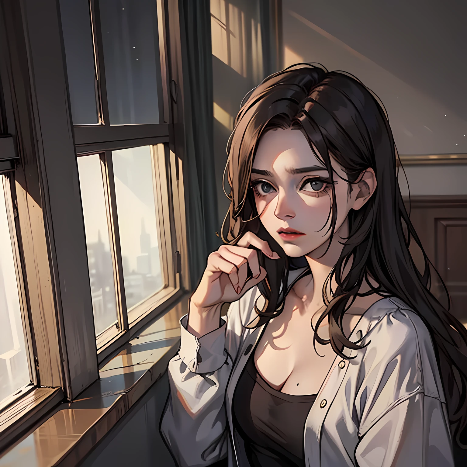 Masterpiece, of the best quality, a haggard-looking woman, unkempt hair, a fearful face, ((gloomy room)), faint lighting