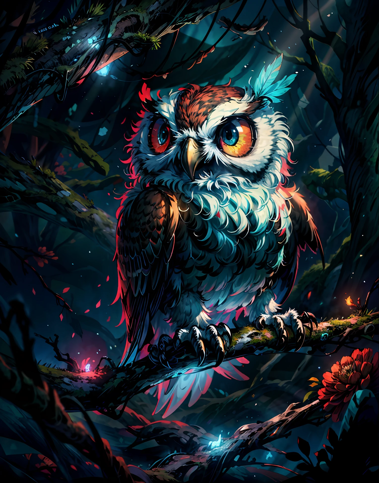 close shot  of a mythical owl with colorful feathers, galaxy eyes, shiny feathers, detailed feathers, detailed big eyes, the owl is landing on an alien tree branch , looking at viewers with the eyes of judgement, focus, alien landscape background .BREAK,Detailed,Realistic,4k highly detailed digital art,octane render, bioluminescent, BREAK 8K resolution concept art, realism,by Mappa studios,masterpiece,best quality,official art,illustration,ligne claire,(cool_color),perfect composition,absurdres, fantasy,focused,rule of thirds,