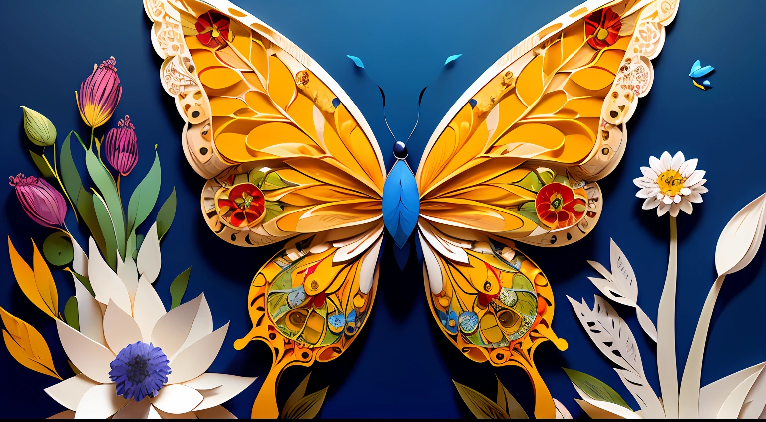realistic, (best quality, masterpiece:1.3),illustration,big butterfly in the center , floating in dalias, cloudy sky, paper_cut, pattern