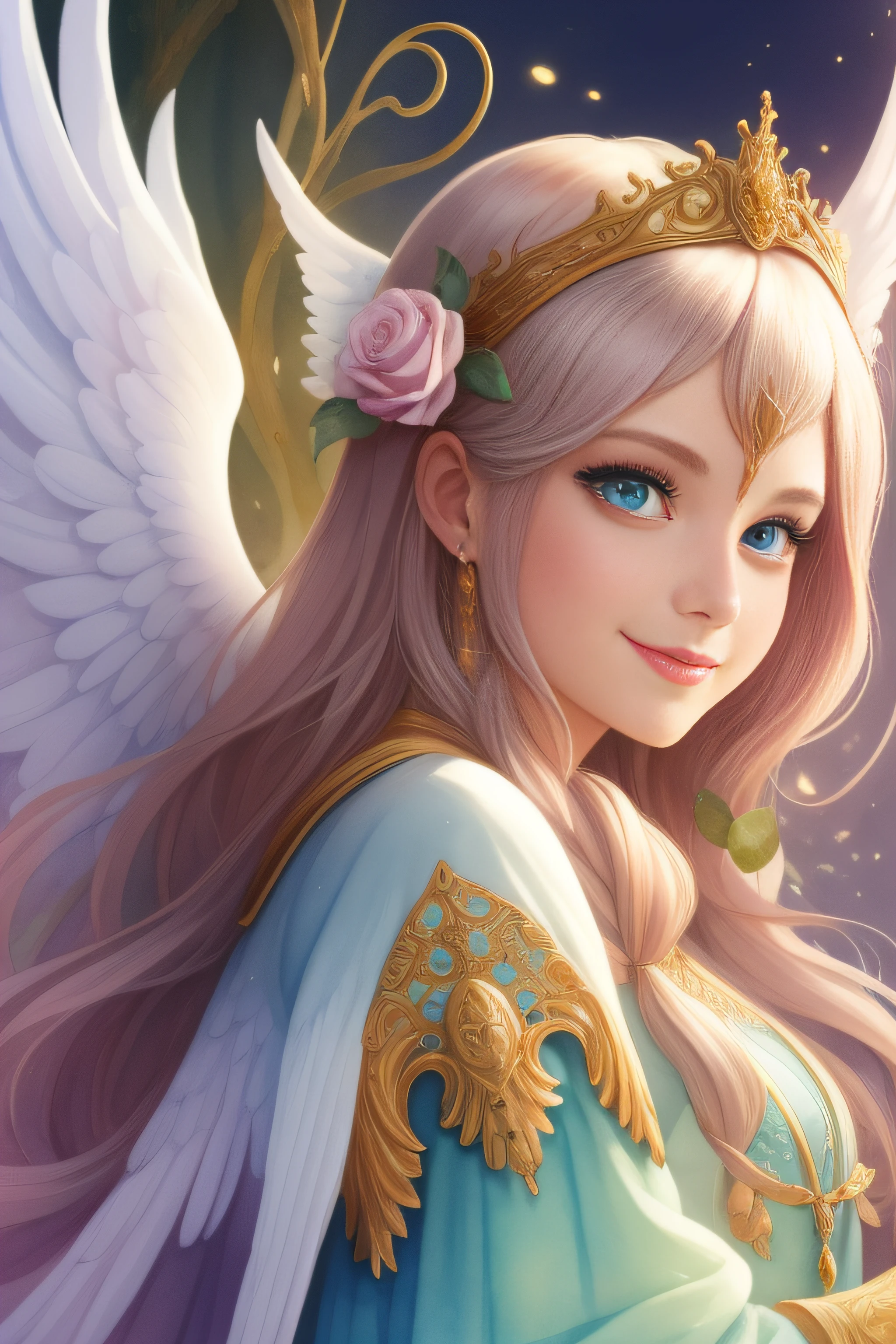 Watercolor beautiful light, magical beautiful Goddess, vintage frame, with angel wings, smile, roses, facing side, fantasy illustration, perfect face, with beautiful face, beautiful light hair, perfect eyes, gold light, vivid vibrant colors, intricate detail, hyper detailed, hyper quality, 32K, unreal engine, isolated on white background, kawaii, clipart, fantasy art