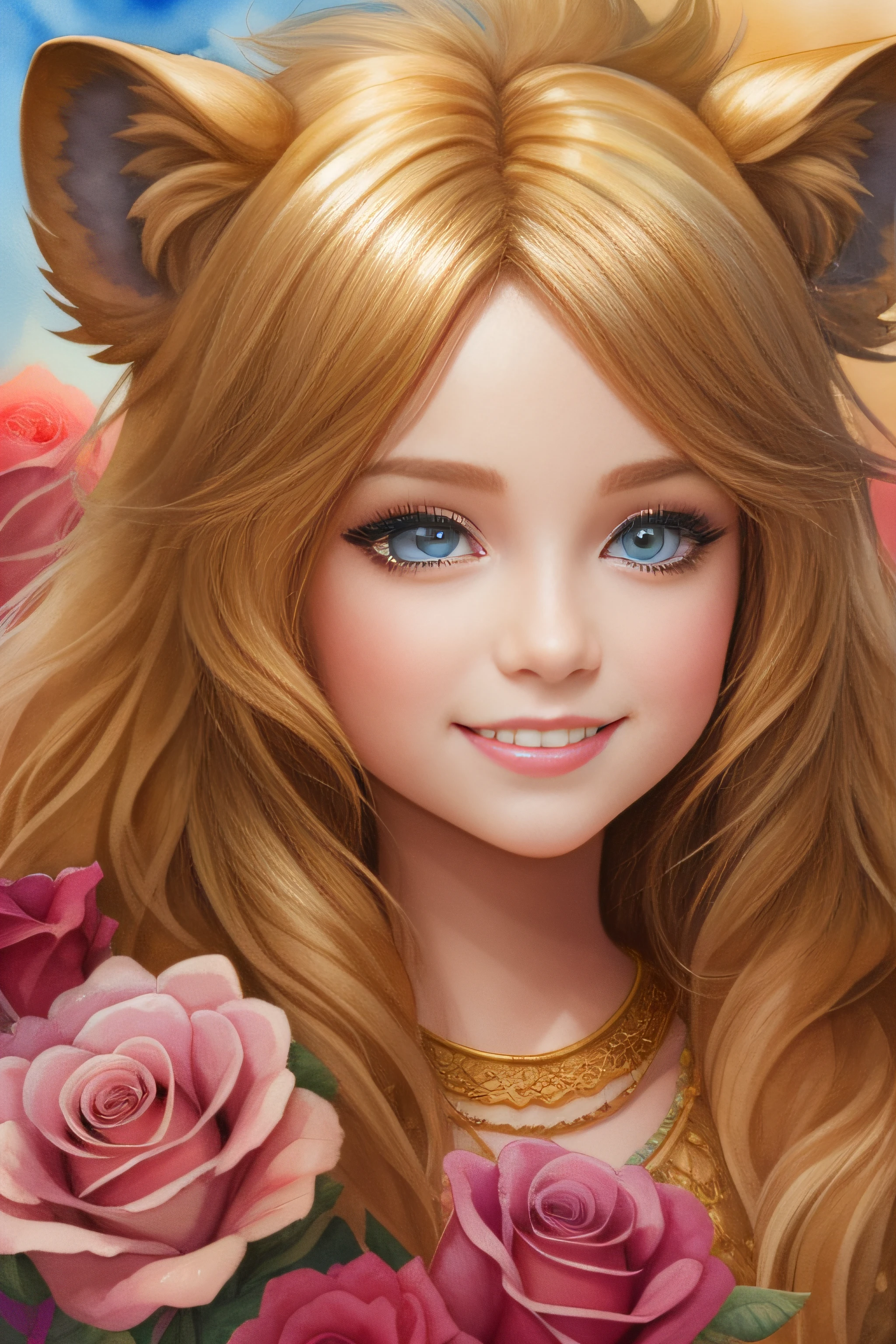  exploring with lion, roses garden, smile, lion ears, gold hair, fantasy art, perfect eyes, detailed body, Watercolor Clipart, strybk, full Illustration, 4k, sharp focus,