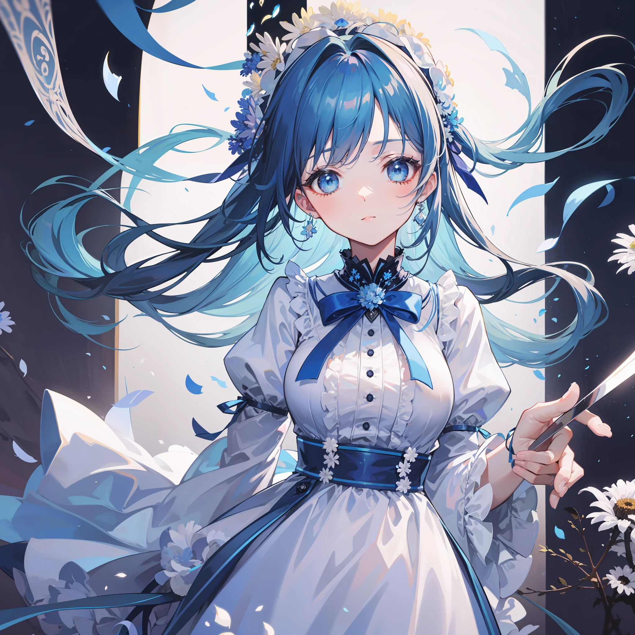 Gorgeous blue Lolita dress, blue Ponet headdress pinned to blue chrysanthemums, and broken blue scissors in hand